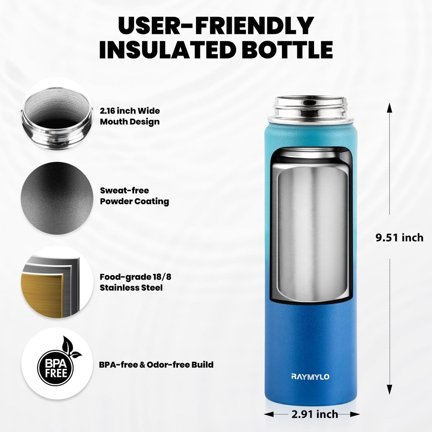 Insulated Water Bottle 20 oz, Triple Wall Vacuum Stainless Steel (Cold for 48 Hrs), Leak Proof & Non-BPA, Kids Water Bottle Jug for School with Straw Spout Lids, Cyan Blue