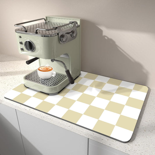 Dish Drying Mat for Kitchen, 15.7¡¯¡¯ X 17.7¡¯¡¯ Coffee Bar Mats for Countertop Fit Under Coffee Maker, Checkered Drying Mat, Hide Stain Rubber Backed Espresso Machine Absorbent Drying Pad, Beige & White