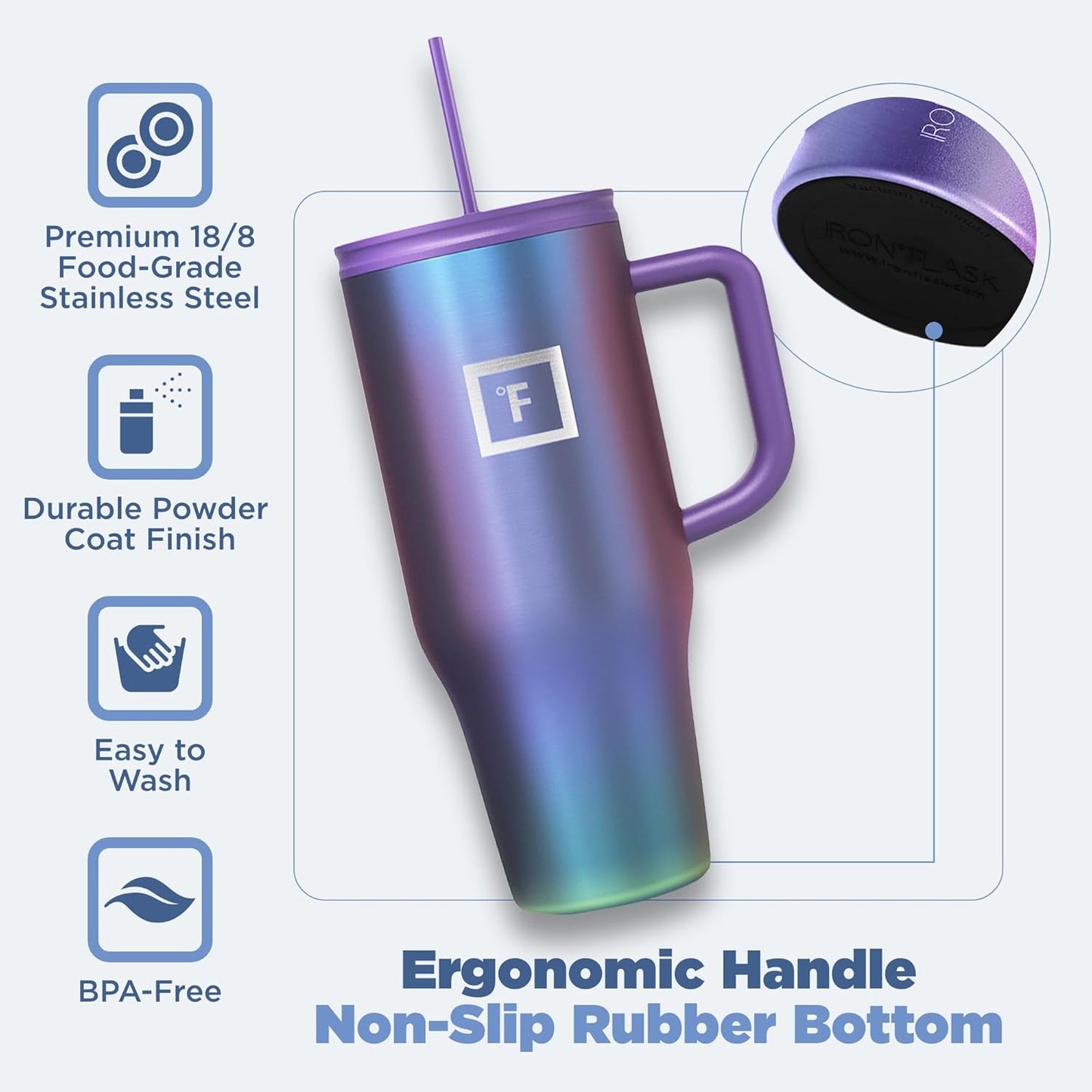 IRON °FLASK Co-Pilot Insulated Mug w/Straw & Flip Cap Lids - Cup Holder Bottle for Hot, Cold Drink - Leak-Proof - Water, Coffee Portable Travel Mug - Cobalt Blue, 32 Oz