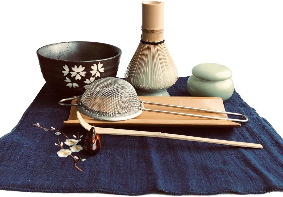 Artcome Traditional Japanese Matcha Tea Set, Matcha Whisk, Traditional Scoop, Matcha Bowl & Caddy, Ceramic Whisk Holder, Handmade Matcha Ceremony Kit (9Pcs)
