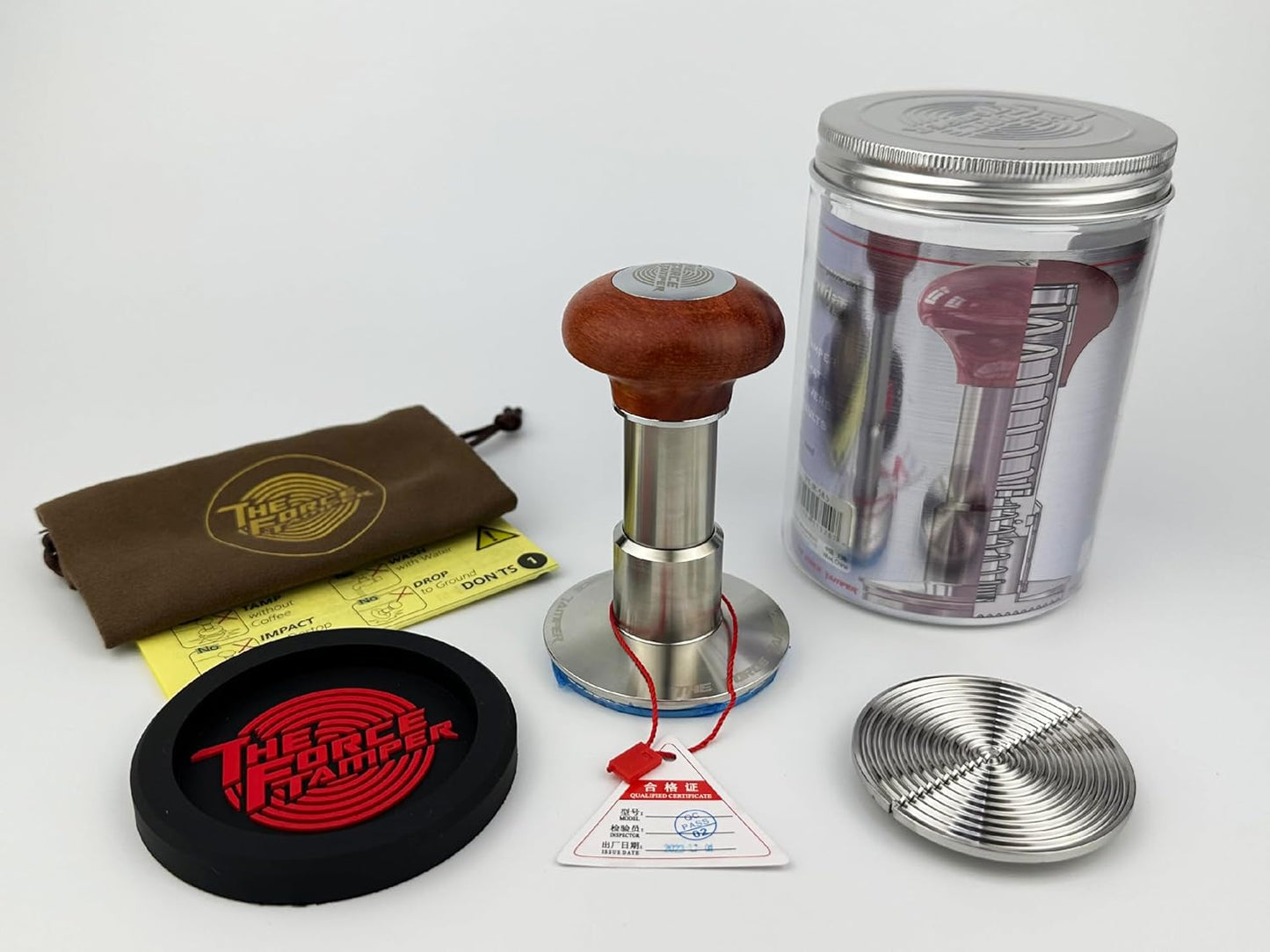 The Force Tamper Automatic Impact Adjustable Constant Pressure and Autoleveling Coffee Tamper Reddish Brown Jellyfish Wooden Handle Set Pro (Ripple-Distribute Set, 53.50mm)