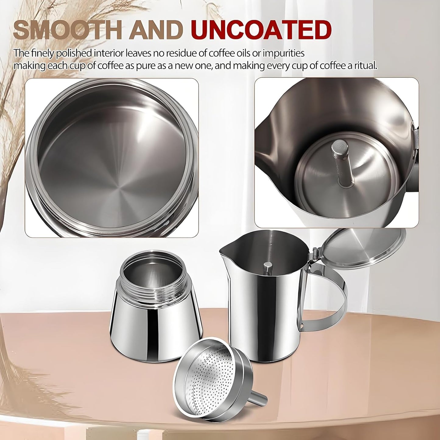 Uncoated 6 Cup Moka Pot 304 Thickened Stainless Steel Coffee Maker Stovetop Espresso Coffeemaker Italian Classic Style Brewing Greca Cafe Mocha Machine for Cafeteras Camping Travel Home 300ml 10oz
