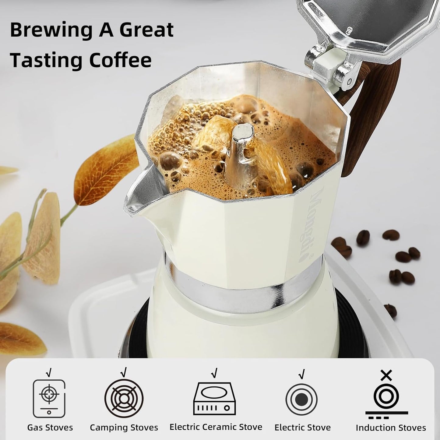 Mongdio Stovetop Espresso Maker Moka Pot, Cuban Coffee Maker Stove top coffee maker Moka Italian Espresso Greca Coffee Maker Brewer Percolator, 3 Espresso Cups, 5 oz - White