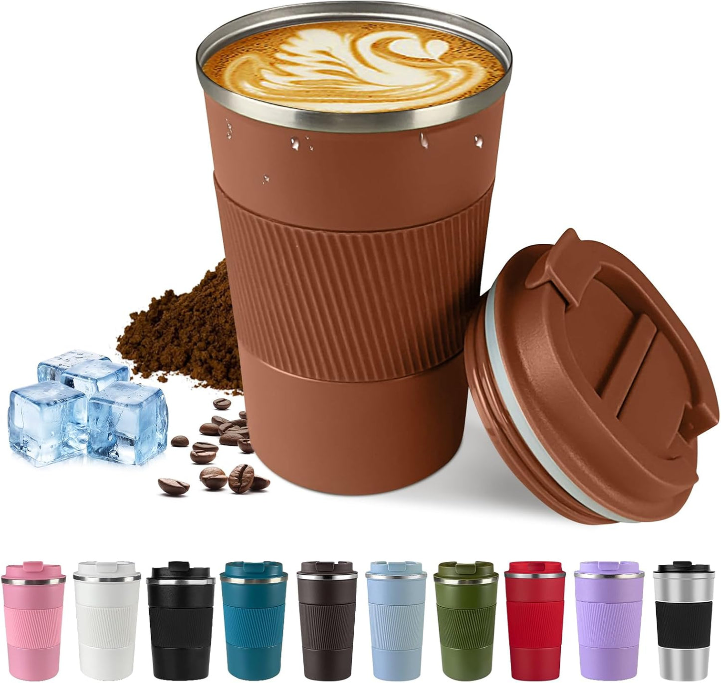 Vacuum-Insulated Stainless Steel Travel Coffee Mug, Leak-Proof Reusable Coffee Cup with Lid - Keep Hot & Cold Drinks for Hours, Durable Thermos Tumbler for Men & Women (3rd-Light Coffee, 12OZ)