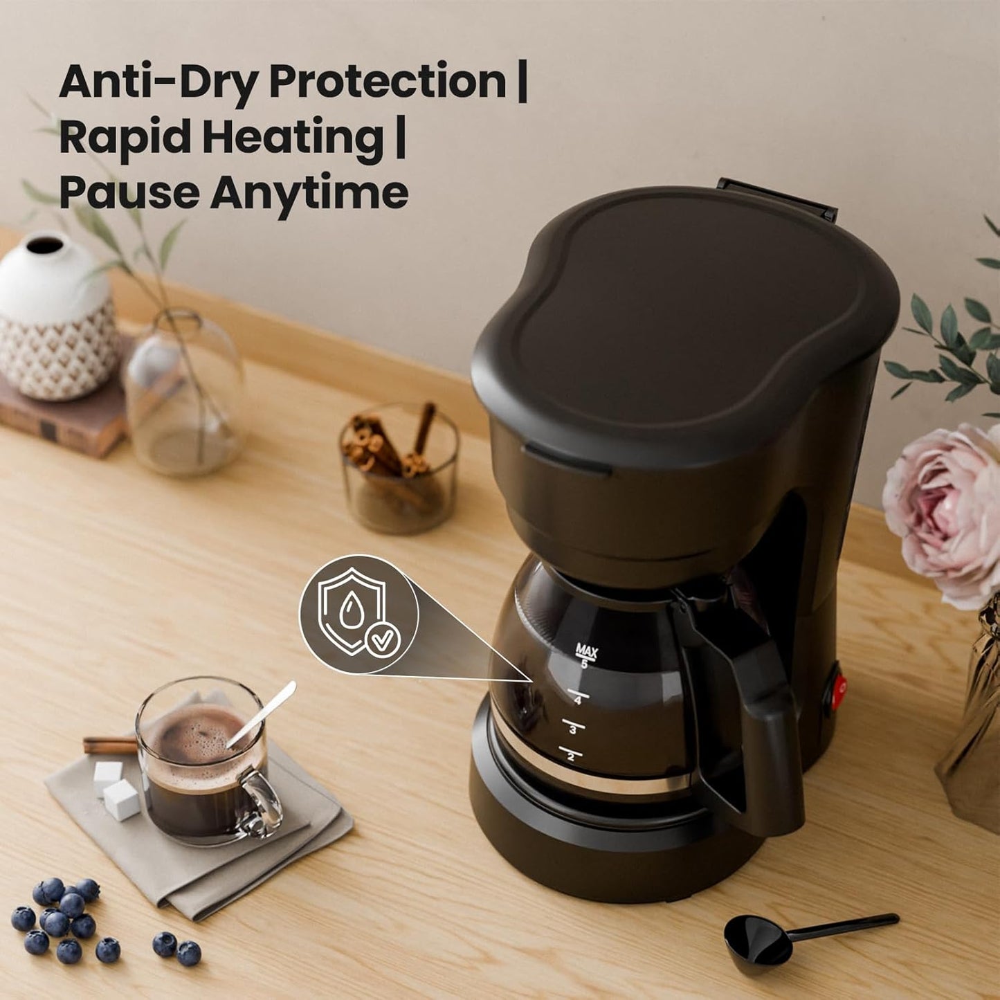 Kismile 5-Cup Drip Coffee Maker with Anti-Drip System, Food-Grade Compact Coffee Machine with Removable Funnel, Warm Plate, Dishwasher-Safe Glass Carafe, Portable Coffee Maker for Home & Office Use
