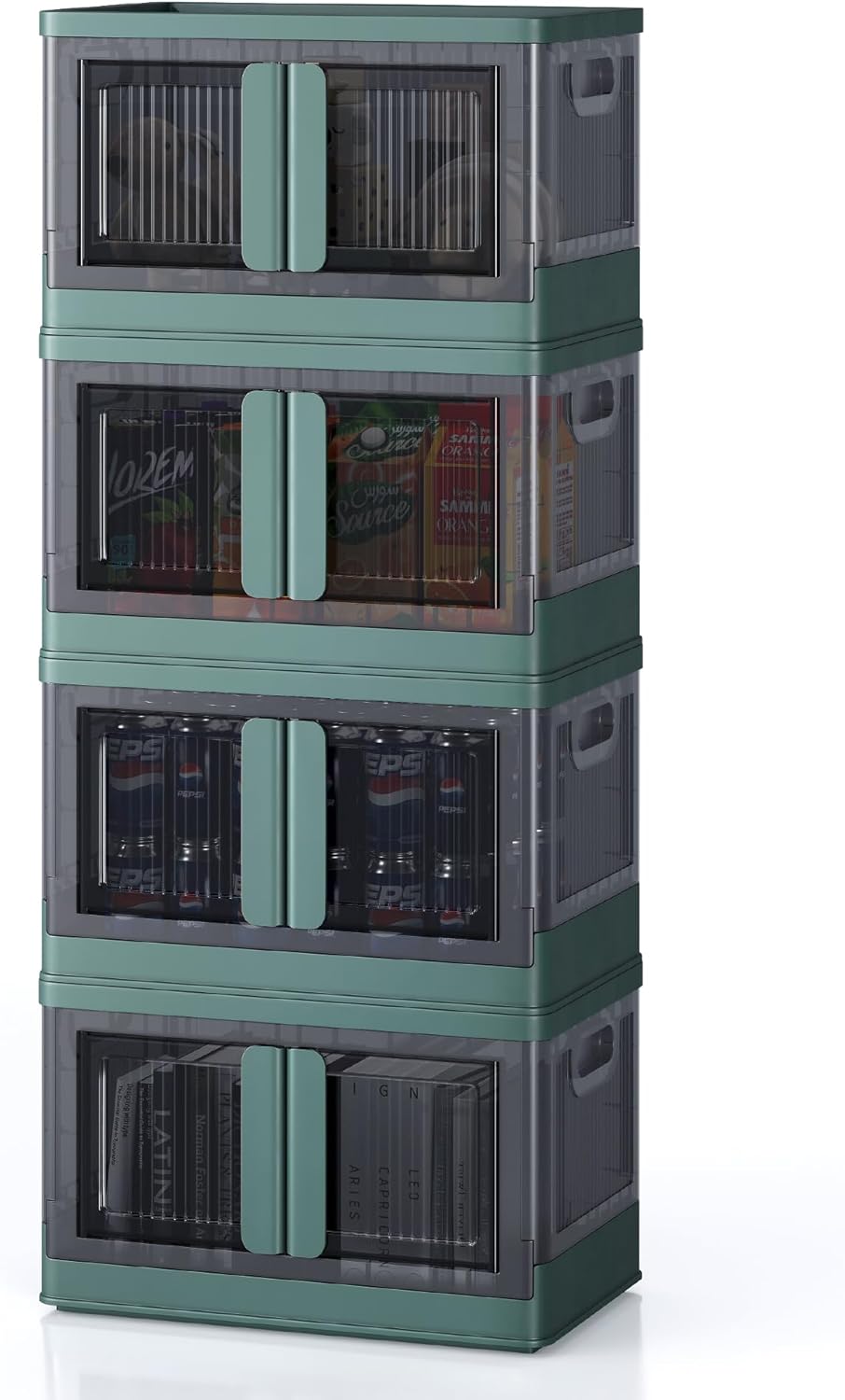 8.4Gal Collapsible Storage Bins with Lids & Wheels - 4 Pack Stackable with Doors, Heavy-Duty Plastic Containers for Home/Office, Green