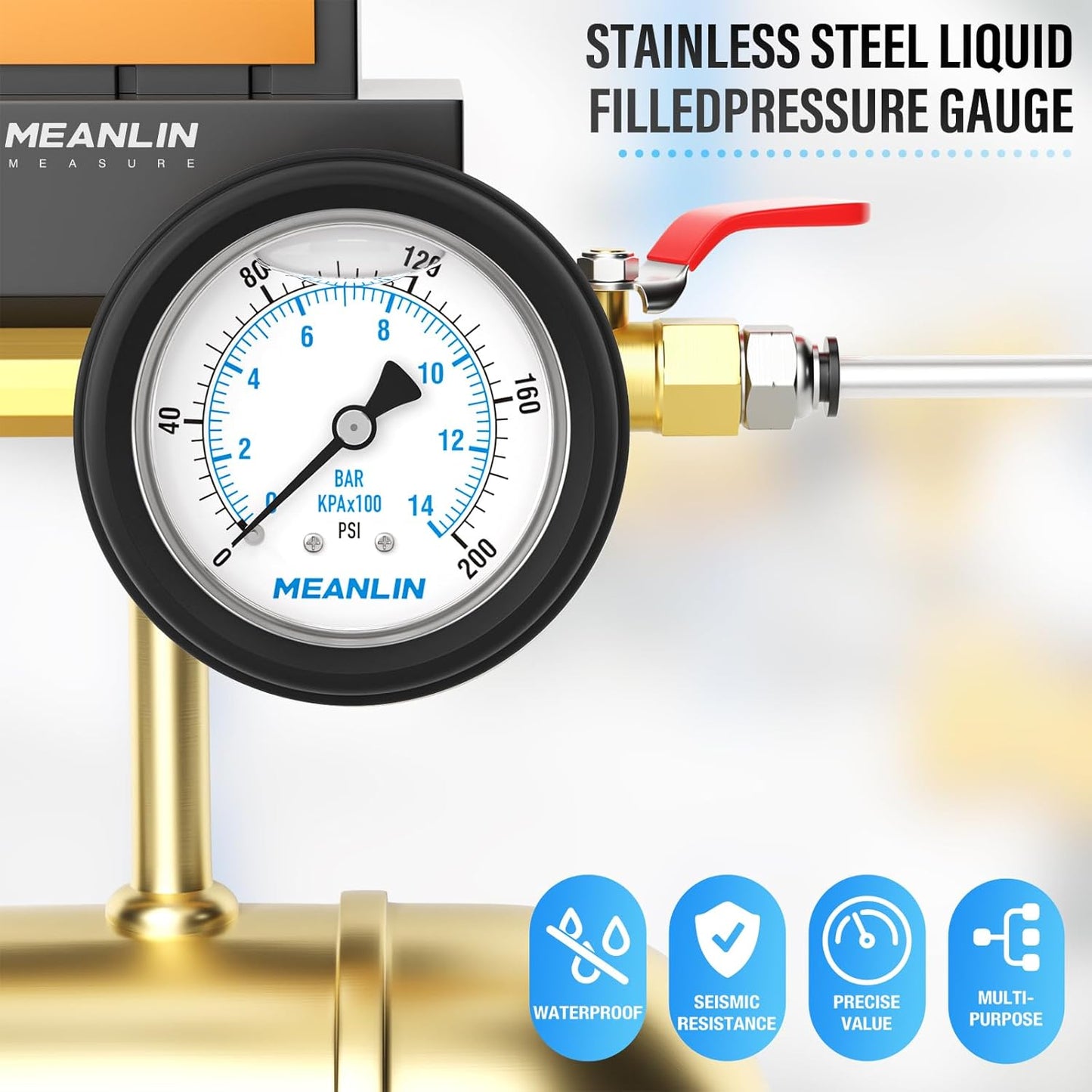 MEANLIN MEASURE 0~200Psi Stainless Steel Liquid Filled Pressure Gauge 1/4" NPT 2.5" FACE DIAL with Rubber Protective Sleeve, Center Back Mount
