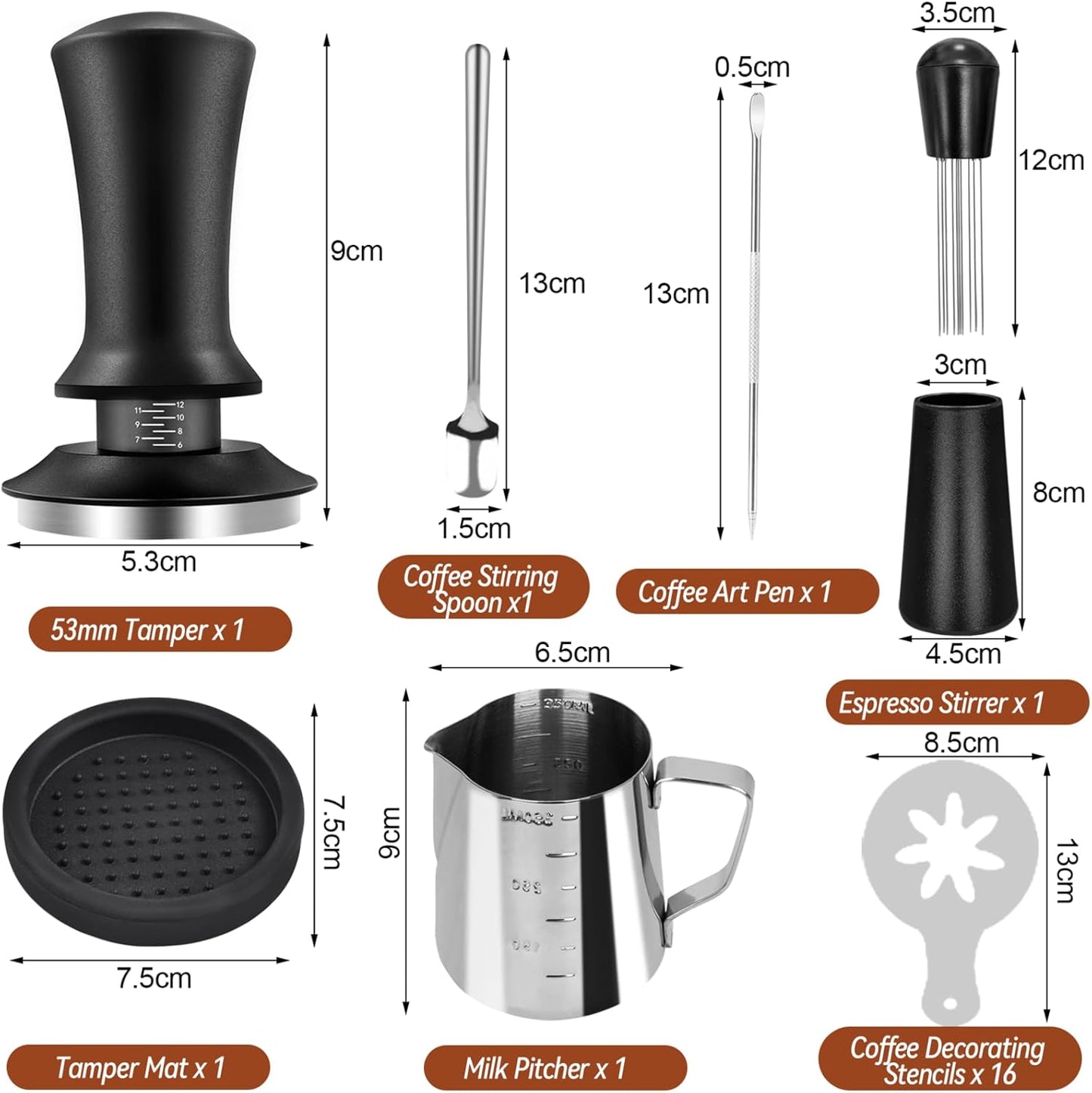 53mm Espresso Hand Tamper, 22 PCS Coffee Tamper Set, Espresso Accessories with 53mm Espresso Tamper, WDT Tool, Frothing Pitcher, Latte Art Pen, Coffee Stirrer, Tamper Mat, 16 Coffee Stencils