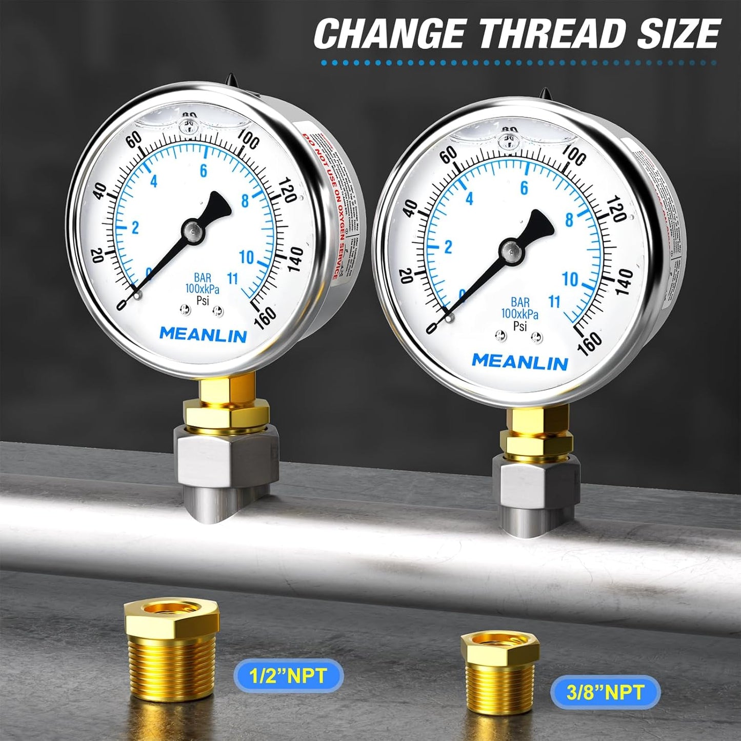 MEANLIN MEASURE 0~160Psi Stainless Steel 1/4" NPT 2.5" FACE DIAL Liquid Filled Pressure Gauge WOG Water Oil Air Lower Mount, with 1/2" NPT and 3/8" NPT Hex Bushing