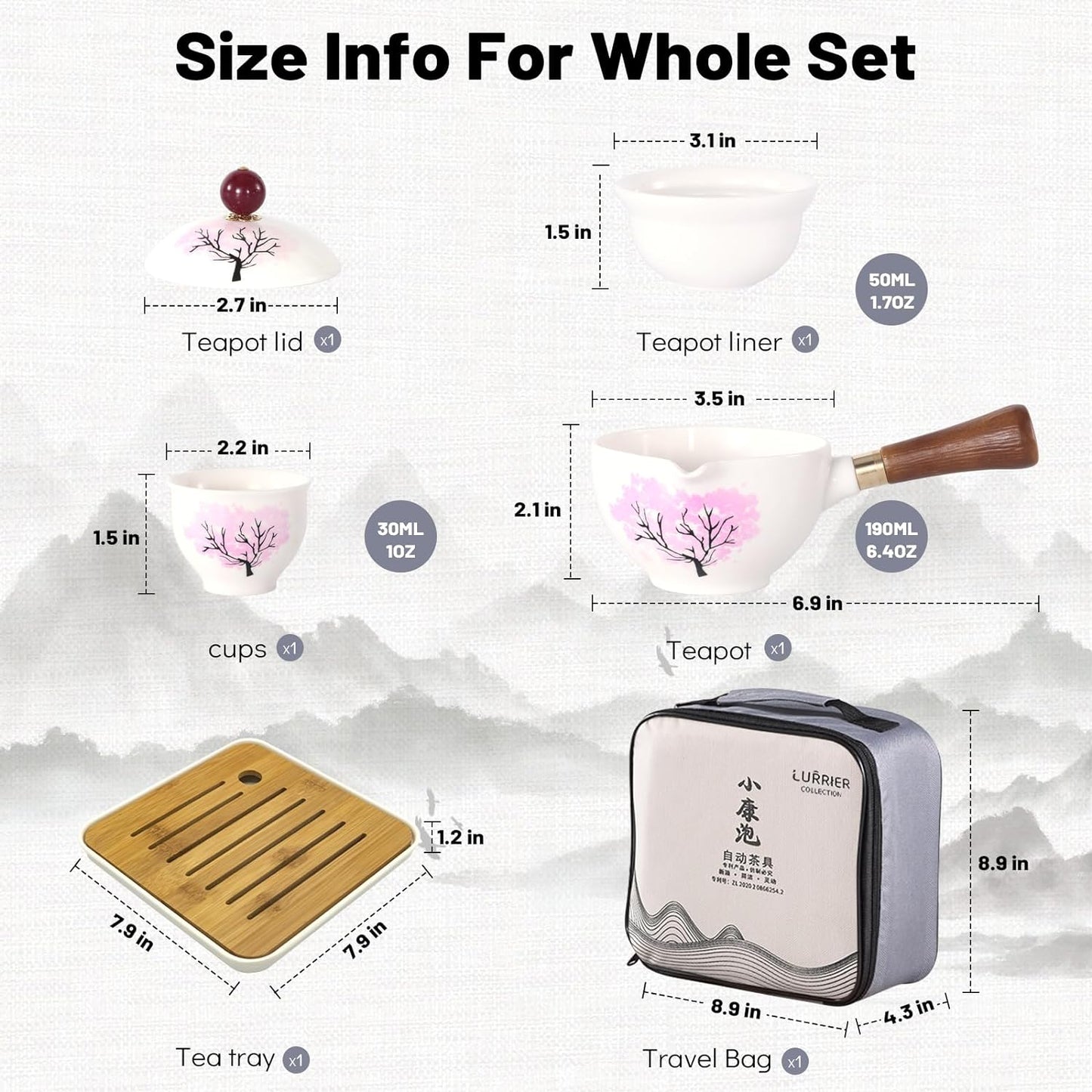 LURRIER Porcelain Chinese Gongfu Tea Set,Portable Teapot Set with 360 Rotation Tea maker and Infuser,Portable All in One Gift Bag for Travel,Home,Gifting,Outdoor and Office (Sakura)