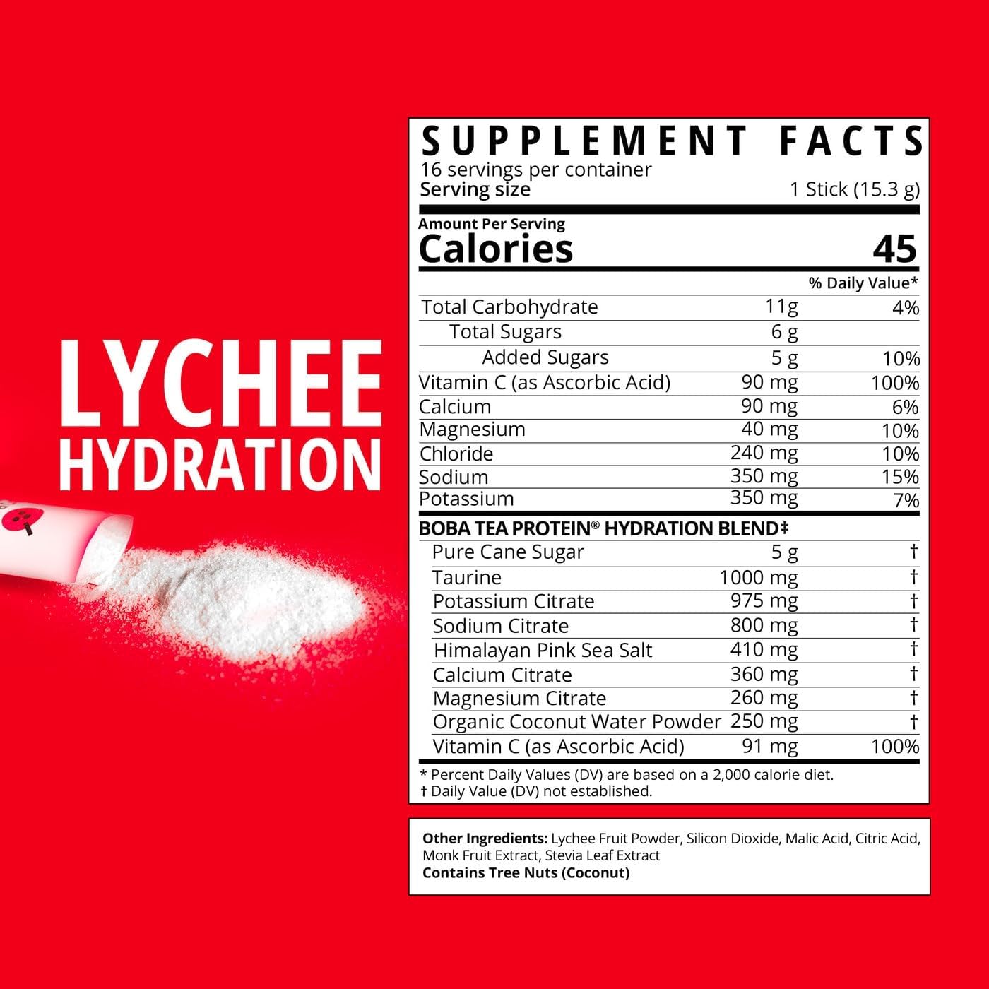 Boba Tea Hydration | Electrolyte Powder Drink Mix | Lychee | 1000mg Electrolytes, Vitamin C | 16 Stick Packets