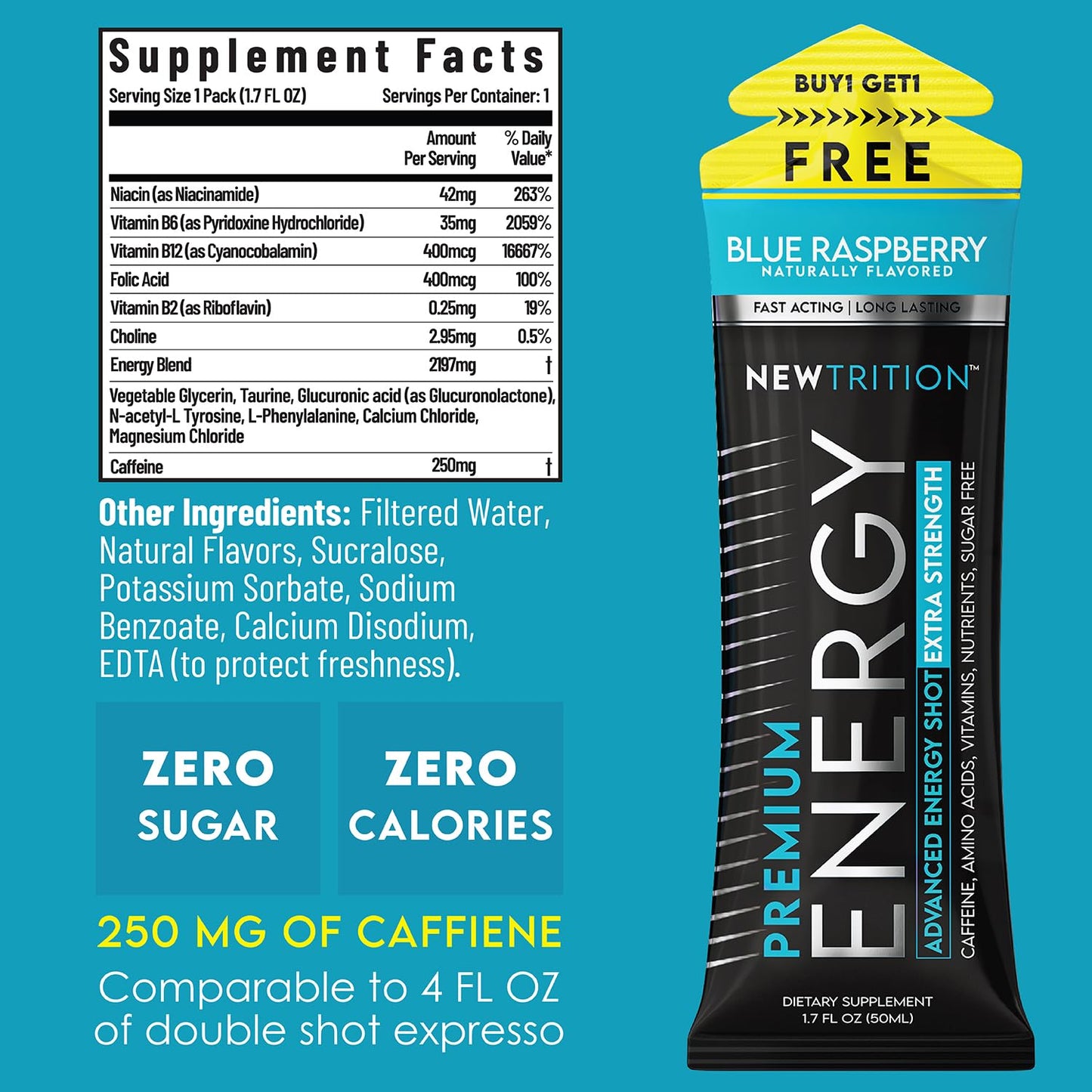 NewTrition® Extra Strength Energy Shots, 250mg Caffeine Energy Shots with Vitamin B & Amino Acids, Sugar-Free Vitamin Energy Shot, 1.7 fl oz (Pack of 6, Blue Raspberry)