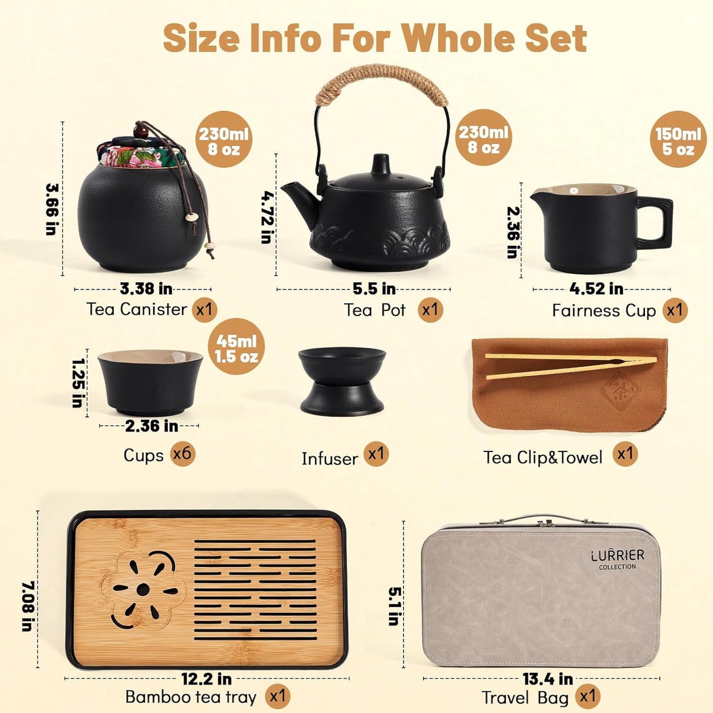 LURRIER Gongfu tea sets, Portable Ceramic TeaSet, Asian Tea sets for adult, Tea Gift sets, Grey leather case, Portable Travel Bag,Home,Gifting,Outdoor and Office(Black)
