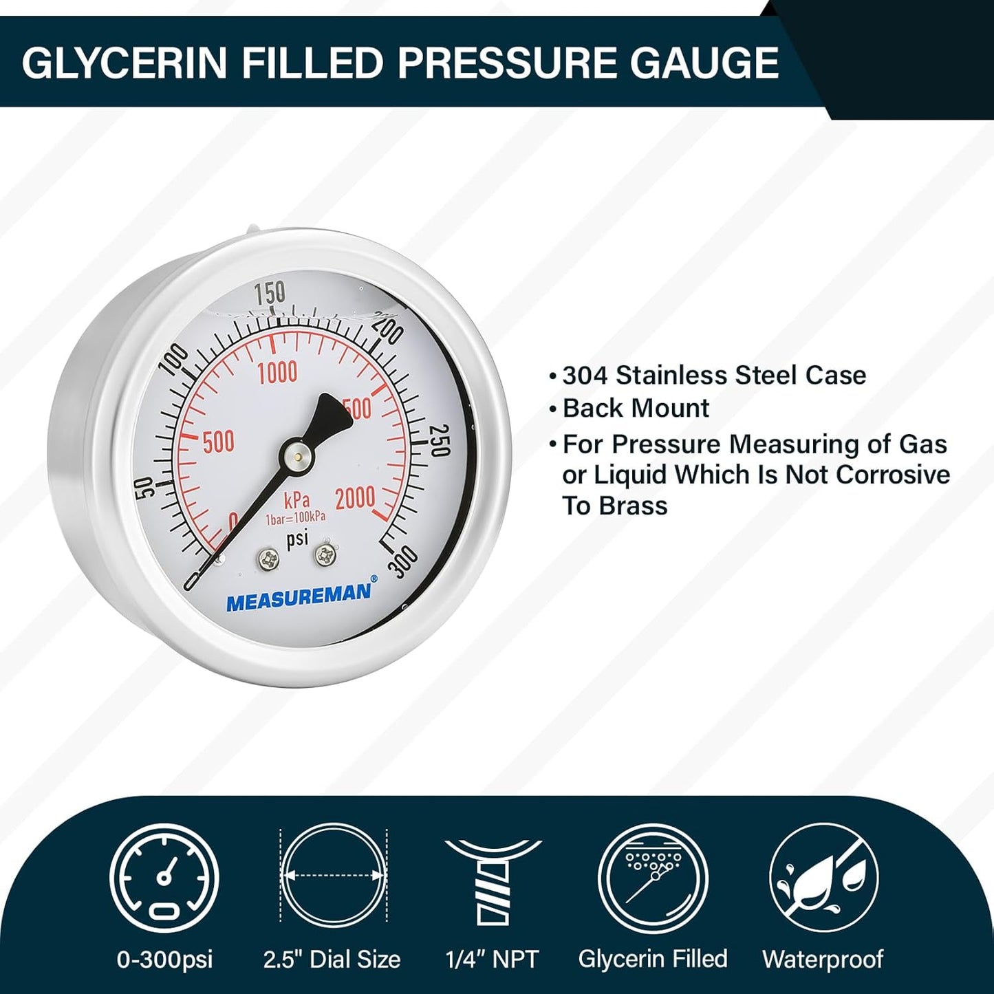 MEASUREMAN 2-1/2 inch Dial Size, Liquid Filled Pressure Gauge, 0-300psi/2000kpa, 304 Stainless Steel Case, 1/4 inch NPT Back Mount