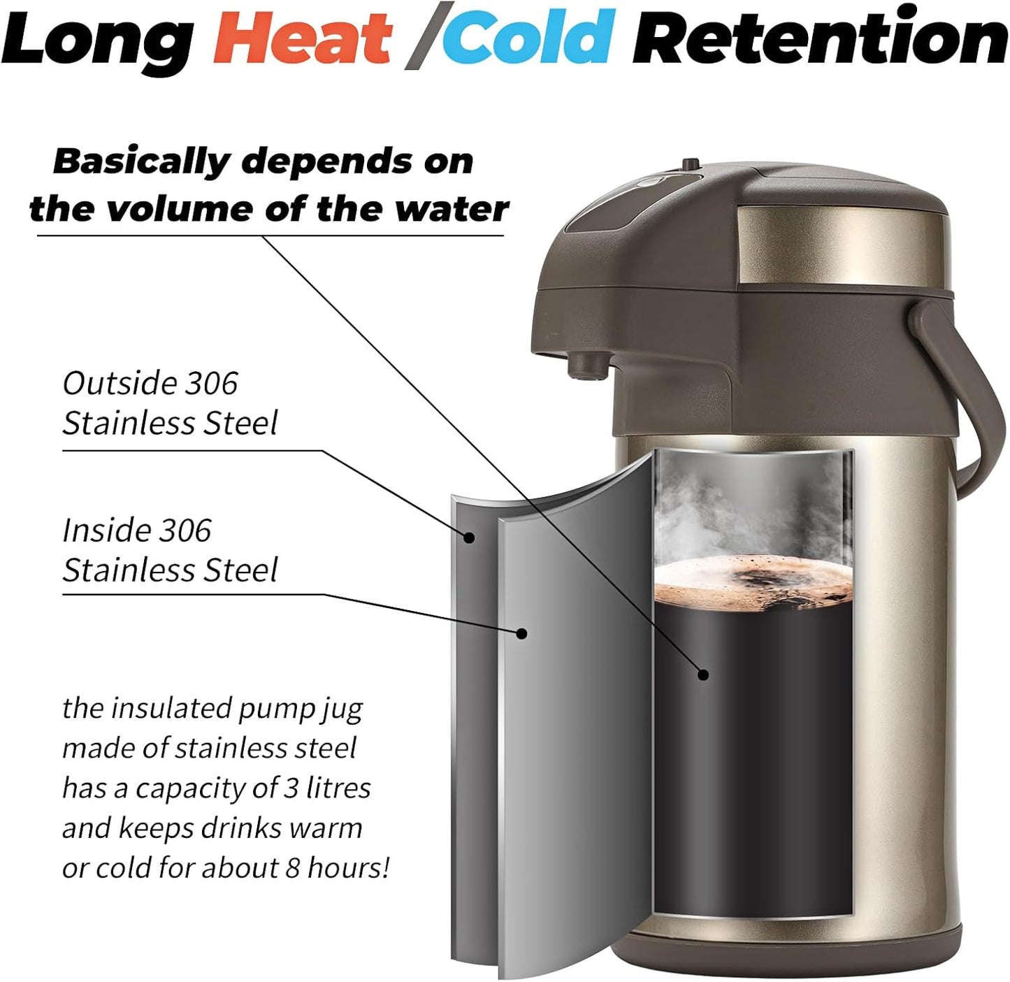 OJOJ 3L/101OZ Thermal Coffee Carafe with Pump, Thermal Beverage Dispenser, Coffee Airpot Stainless Steel Coffee Carafe for Hot Drinks Gold