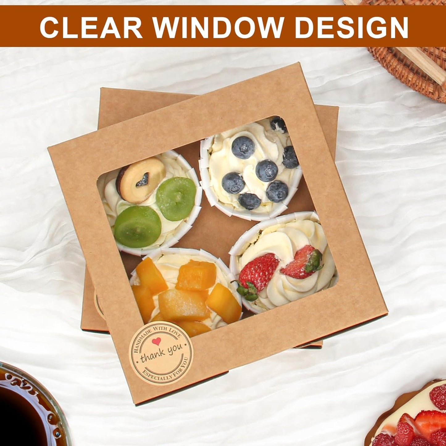 OAMCEG 50 PCS Cookie Boxes with Window, 6x6x3 Inch Cupcake Boxes, Brown Bakery Containers for Pastry, Dessert, Chocolate Strawberries, Treat Boxes with Stickers & Jute Twine