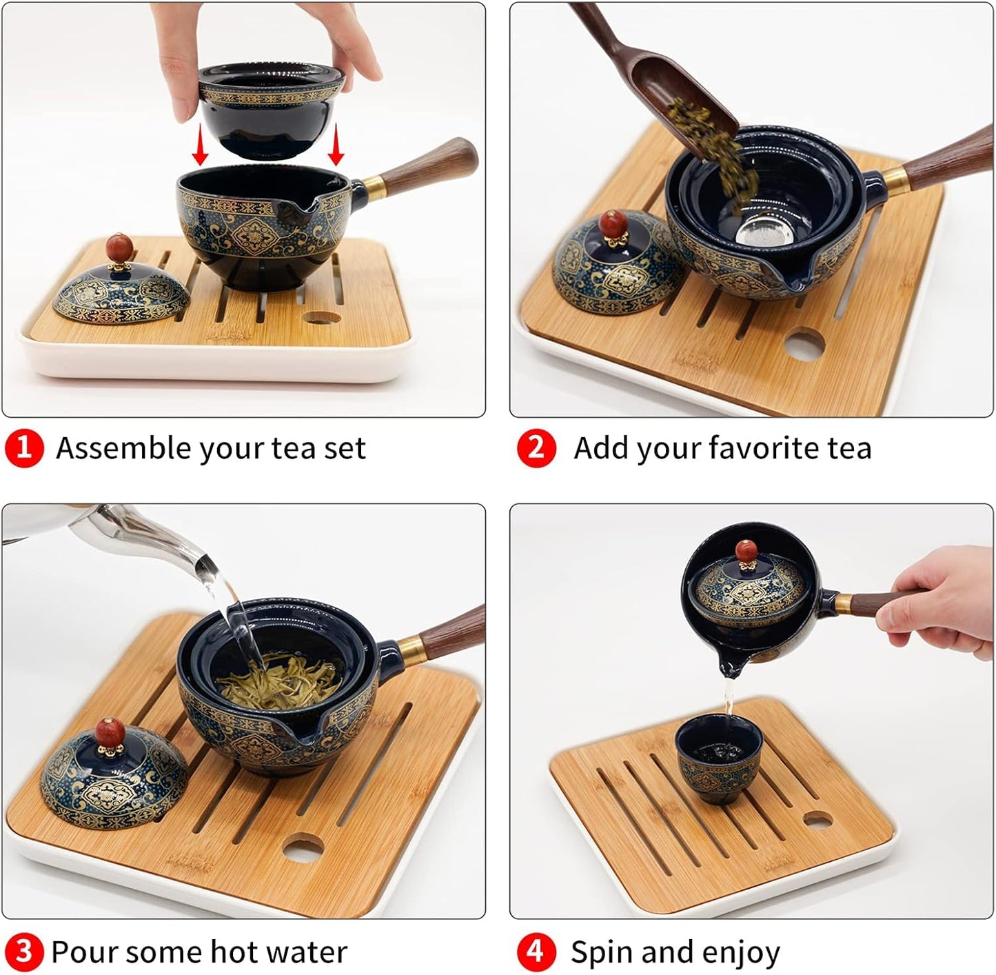 LURRIER Porcelain Chinese Gongfu Tea Set,Portable Teapot Set with 360 Rotation Tea maker and Infuser,Portable All in One Gift Bag for Travel,Home,Gifting,Outdoor and Office (Black)