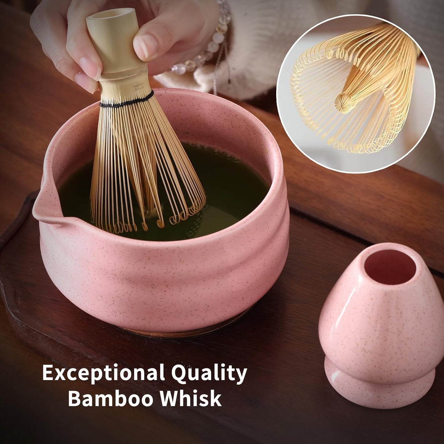 Japanese Ceramic Matcha Bowl - 16oz Speckle Glaze Chawan & Whisk Stand for Perfect Froth, Dishwasher Safe Pink