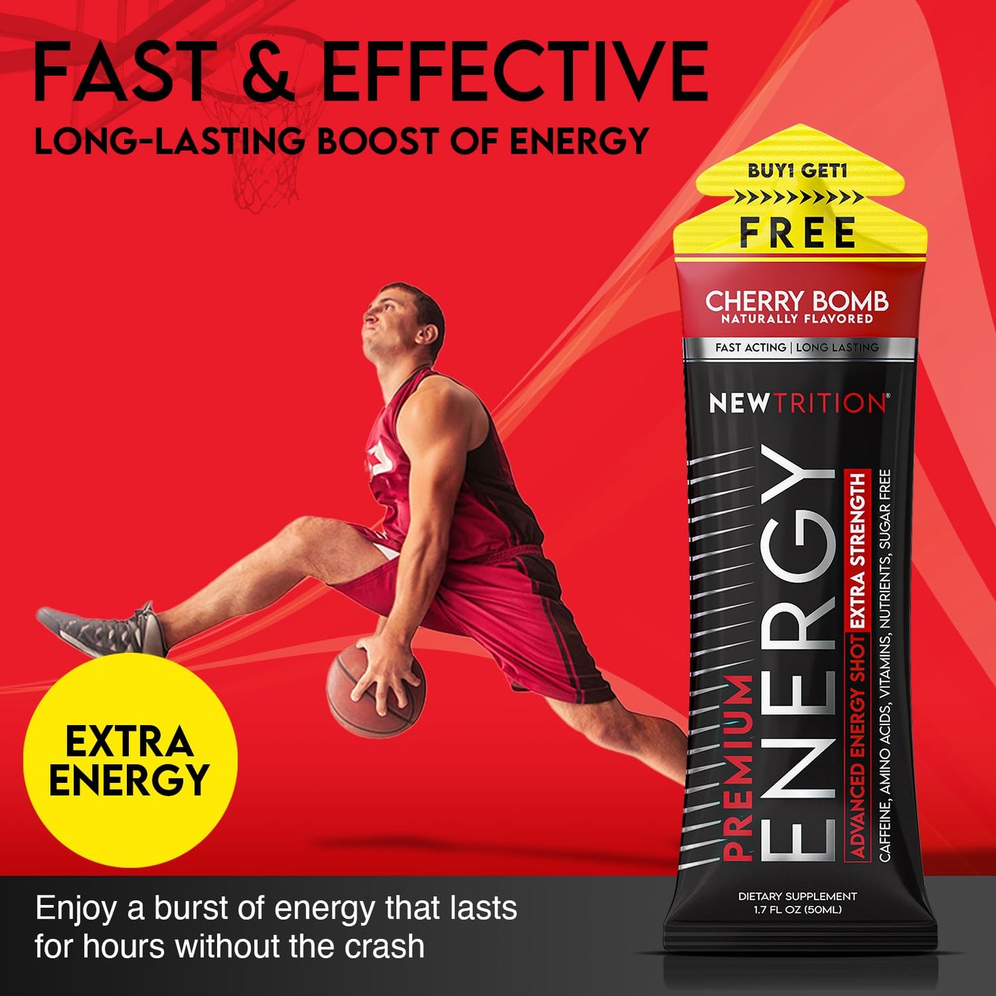 NewTrition® Extra Strength Energy Shots, 250mg Caffeine Energy Shots with Vitamin B & Amino Acids, Sugar-Free Vitamin Energy Shot, 1.7 fl oz (Pack of 6, Cherry Bomb)