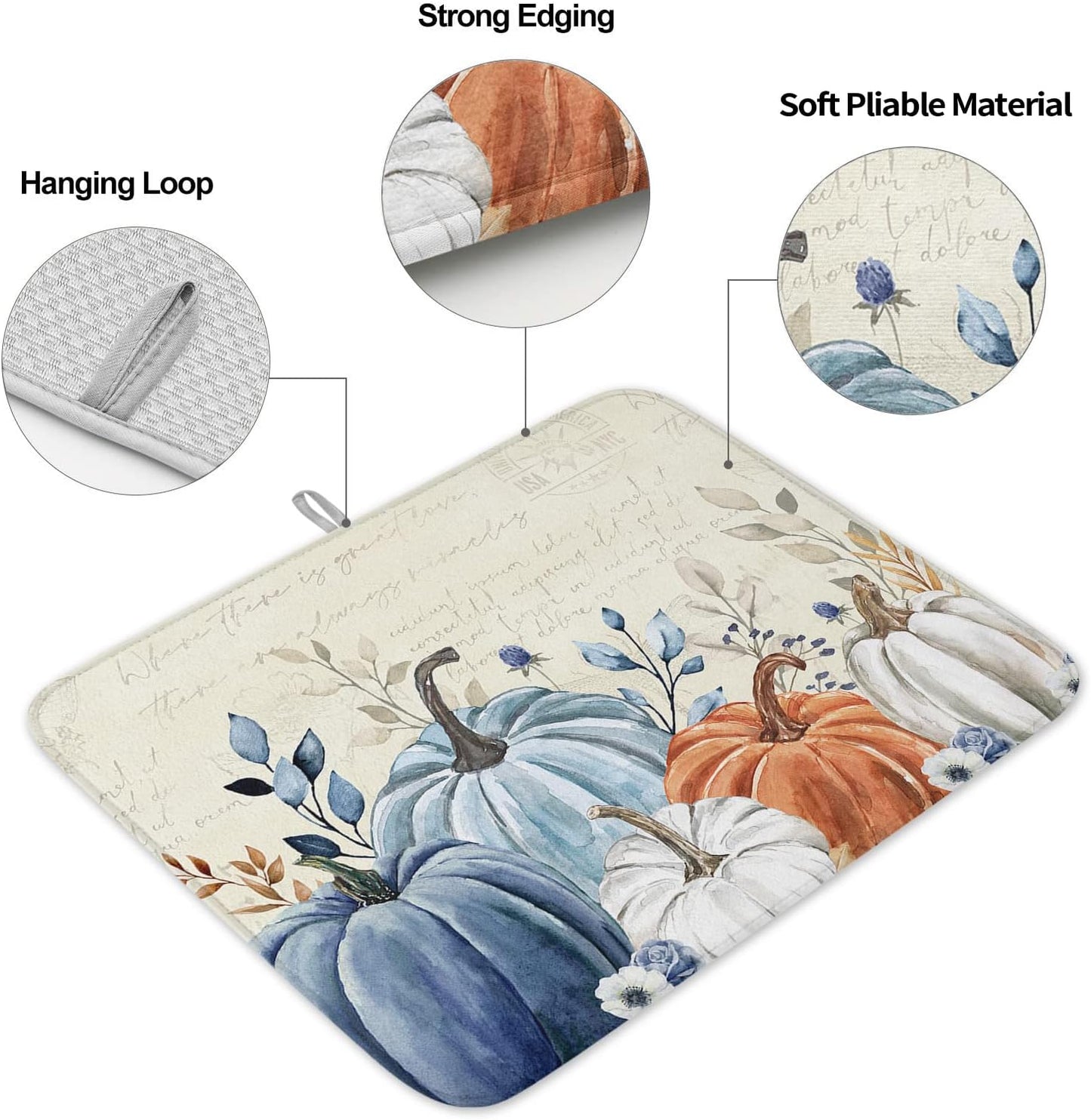 Fall Dish Drying Mat for Kitchen Counter Blue Pumpkin Drying Pad Absorbent Drying Mats for Countertops Sinks Draining Racks Floral Leaves Drainer Holiday Harvest Thanksgiving Decorations 18x24