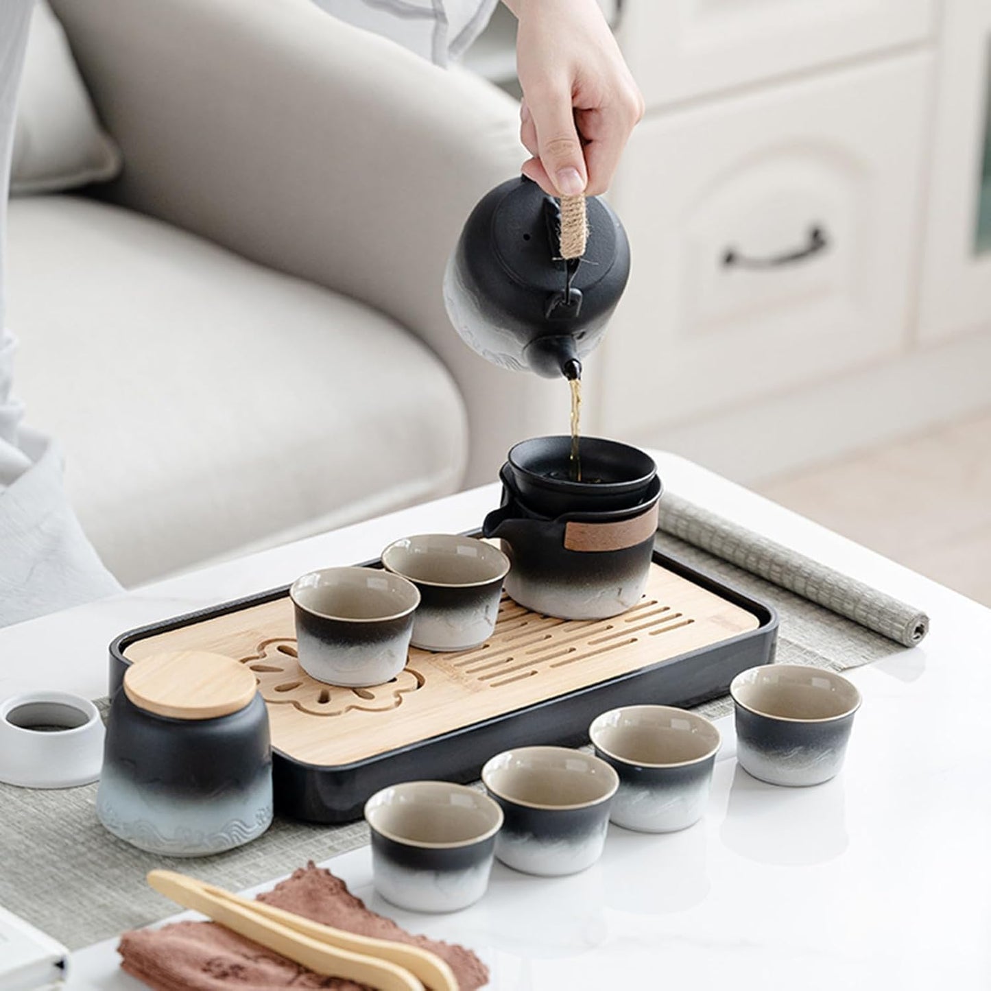 LURRIER Gongfu tea sets, Portable Ceramic TeaSet, Asian Tea sets for adult, Tea Gift sets, Grey leather case, Portable Travel Bag,Home,Gifting,Outdoor and Office(Black and White)
