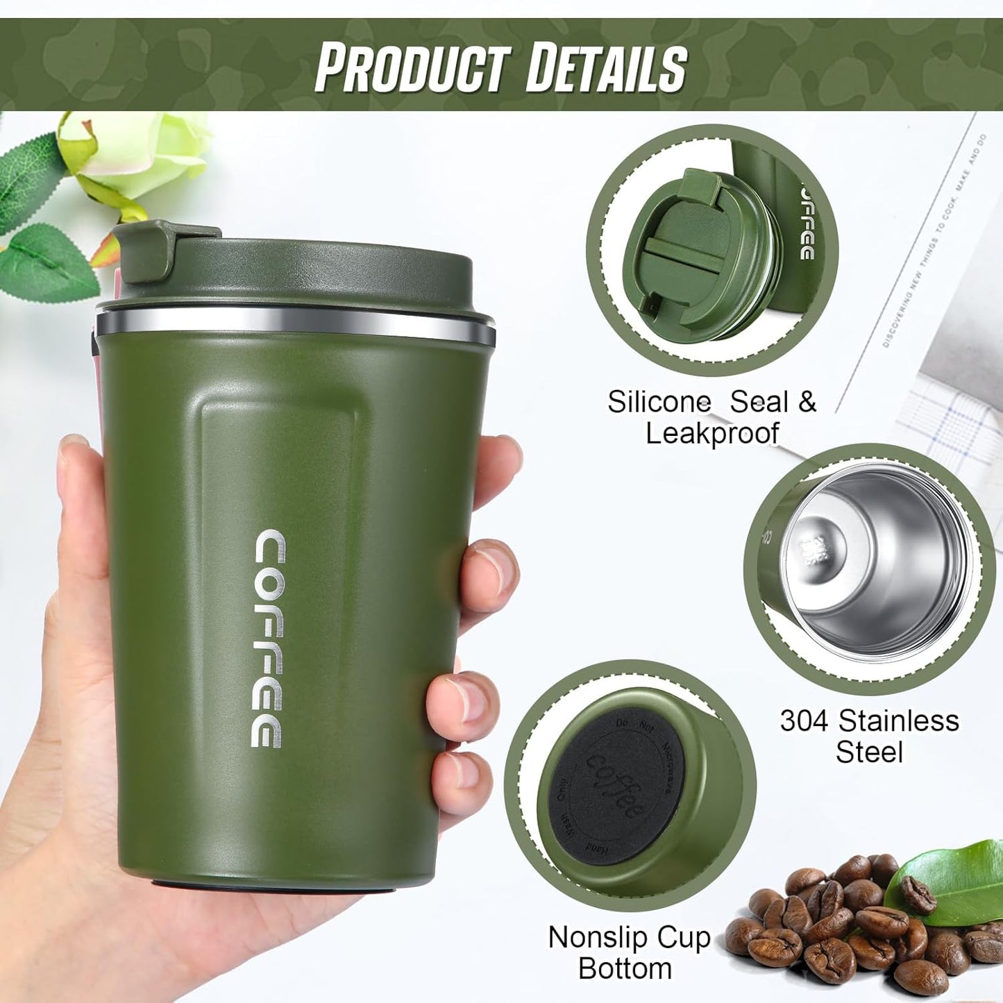 Sieral 4 Pcs 13 oz Travel Coffee Mug Insulated Reusable Coffee Cups with Leakproof Lid Stainless Steel Portable Tumbler for Keep Hot or Ice Milk Tea(Green)