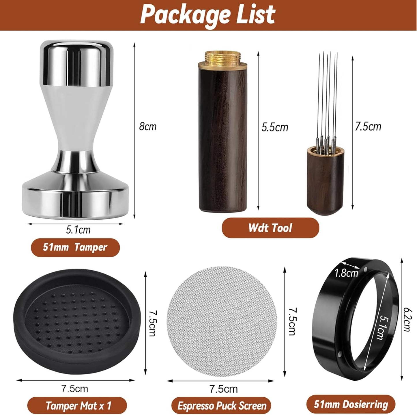 51mm Espresso Tamper, Coffee Tamper Set, 51mm tamper with Wdt Tool, Espresso Tamper Mat, Espresso Dosing Funnel, 51mm Espresso Puck Screen, Espresso Accessories for Espresso Coffee Machine