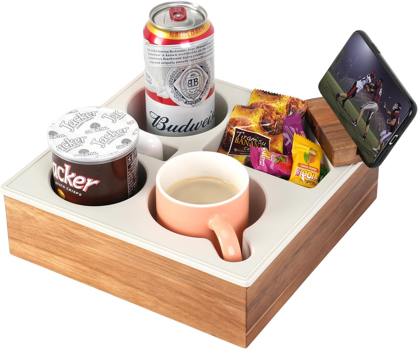 Couch Cup Holder Tray, Handy Soft Silicone Acacia Wooden Couch Caddy for Bed Car Seat Beach Organizer, Waterproof Anti-Spill Sofa Cup Holder for Snacks Beverage Remote (White)