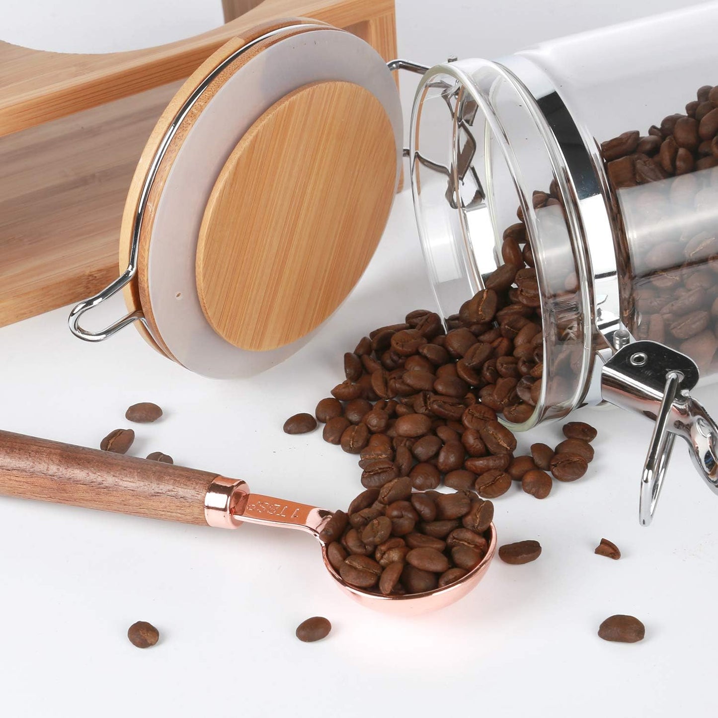 KKC HOME ACCENTS Glass Food Storage Jars with Airtight Locking Clamp Bamboo Lids,Coffee Bean Storage Containers,Sealed Glass Container with Scoop for Coffee Ground,Tea,Nut,Sugar,Coffee Holder