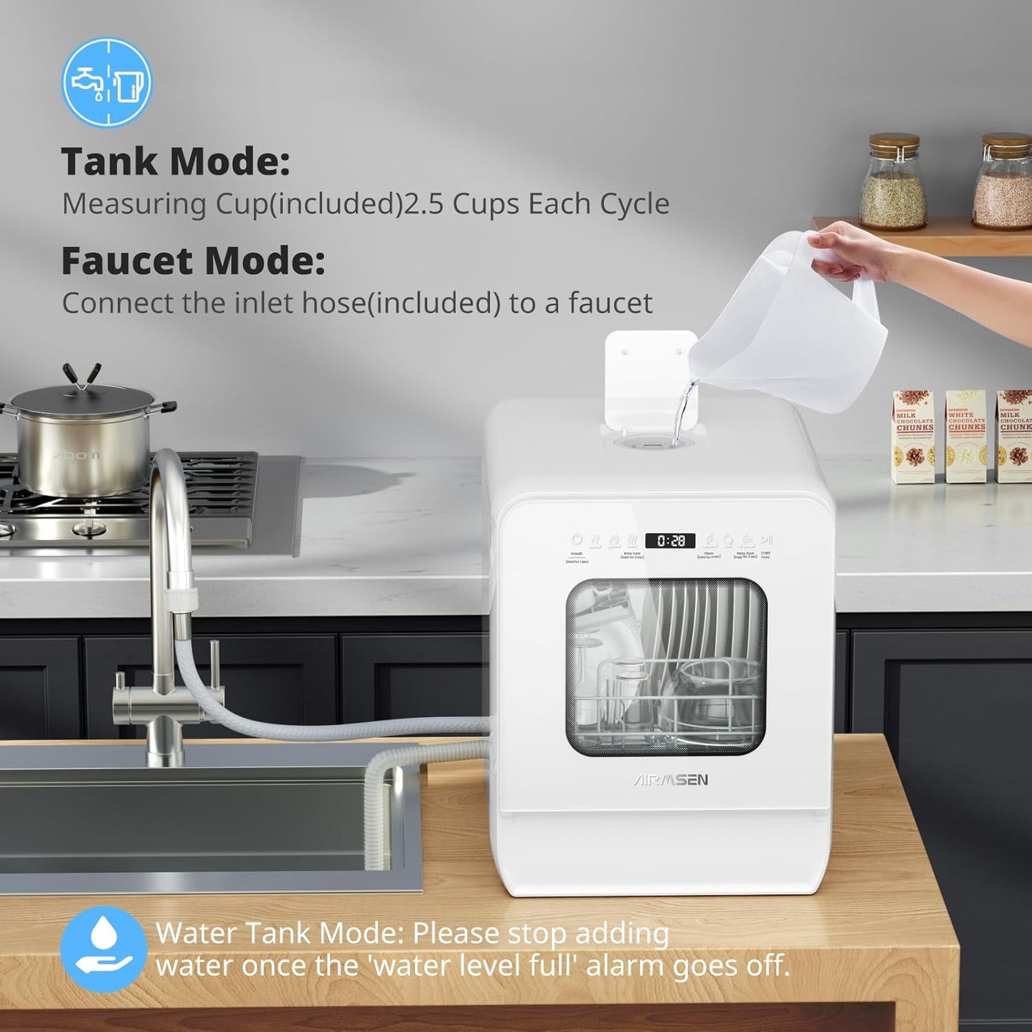 AIRMSEN Portable Countertop Dishwasher with 5L Water Tank, Mini Dishwasher with 14.6” Narrow & 20.1“ Deep Design, 9 Programs, 24H Delay Start & 360° Dual Spray, No Hookup Needed, C01, White