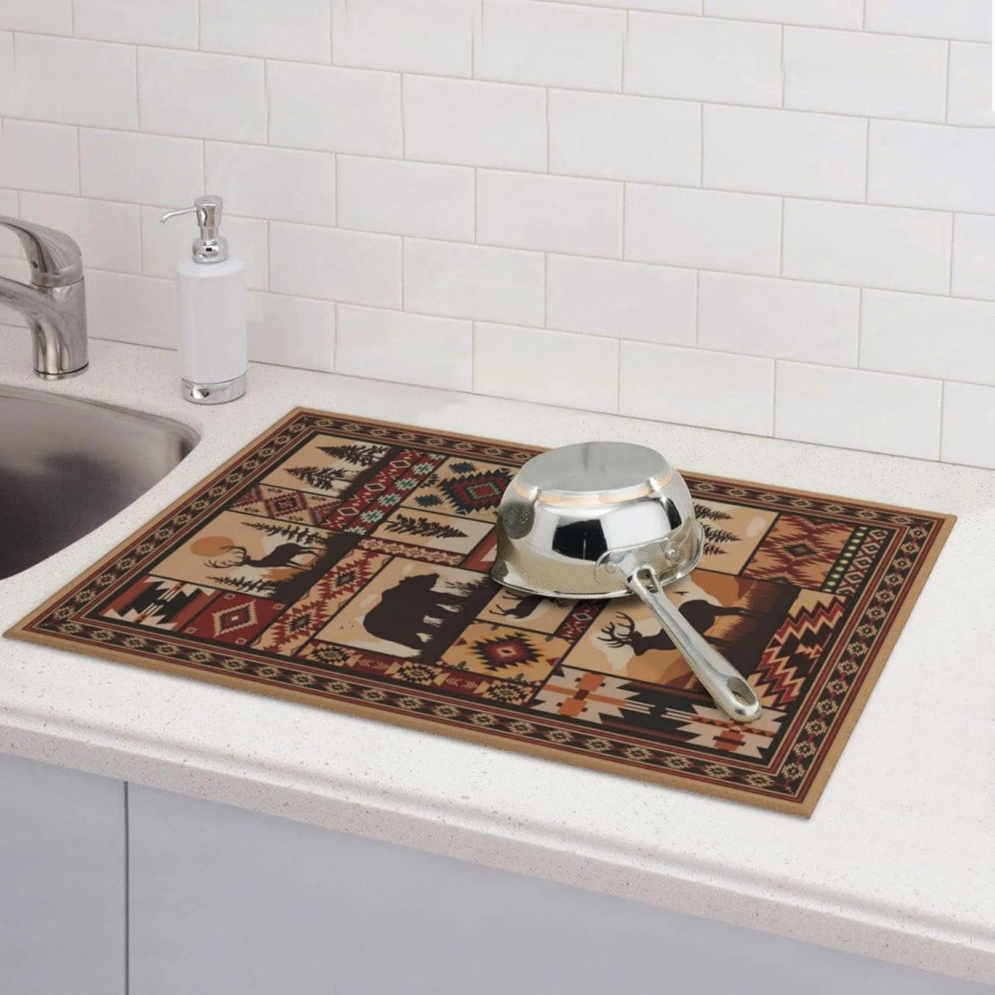 Western Wildlife Geometric Dish Drying Mat for Kitchen Counter, Absorbent Microfiber Washable Drying Pad for Dishes, Absorption, Foldable, Decorative Rustic Kitchen Mat for Sink, Home Decor, 18" x 24"