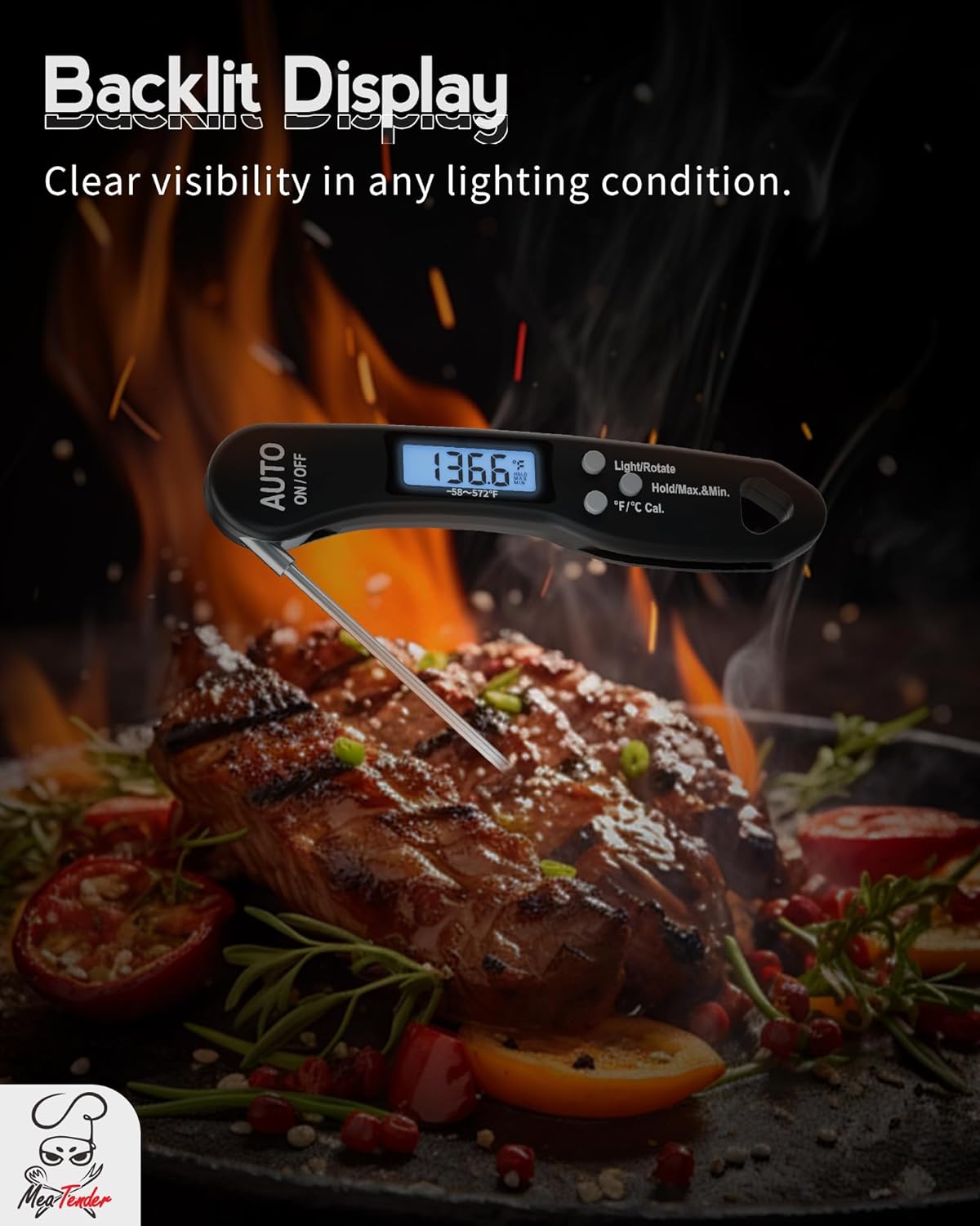 5 PCs Digital Food Thermometer with Fast 1-Second Reading, ±1°F Accuracy, -58°F to 572°F Range | Foldable Probe, Magnetic Back, Backlit LCD, Auto-Off for Grilling, Baking, Smoking