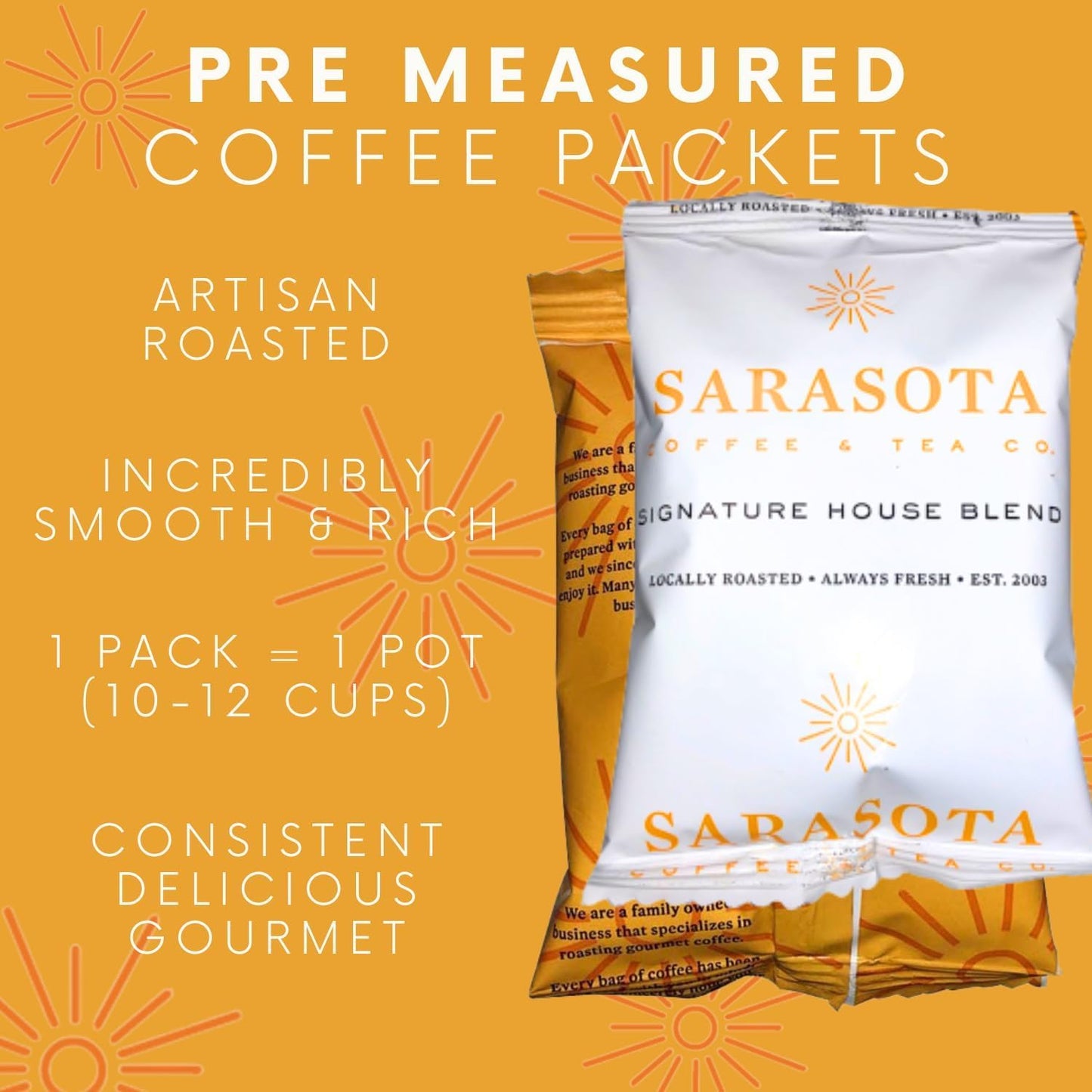 Sarasota Coffee Ground Packets | Gourmet Medium Roast Ground Coffee Packs | Breakfast Blend | Low Acid Mold Free Singles Packets | Individual Pouches for 12 Cup Coffee Maker | 2 Ounce Bags, 12 Count