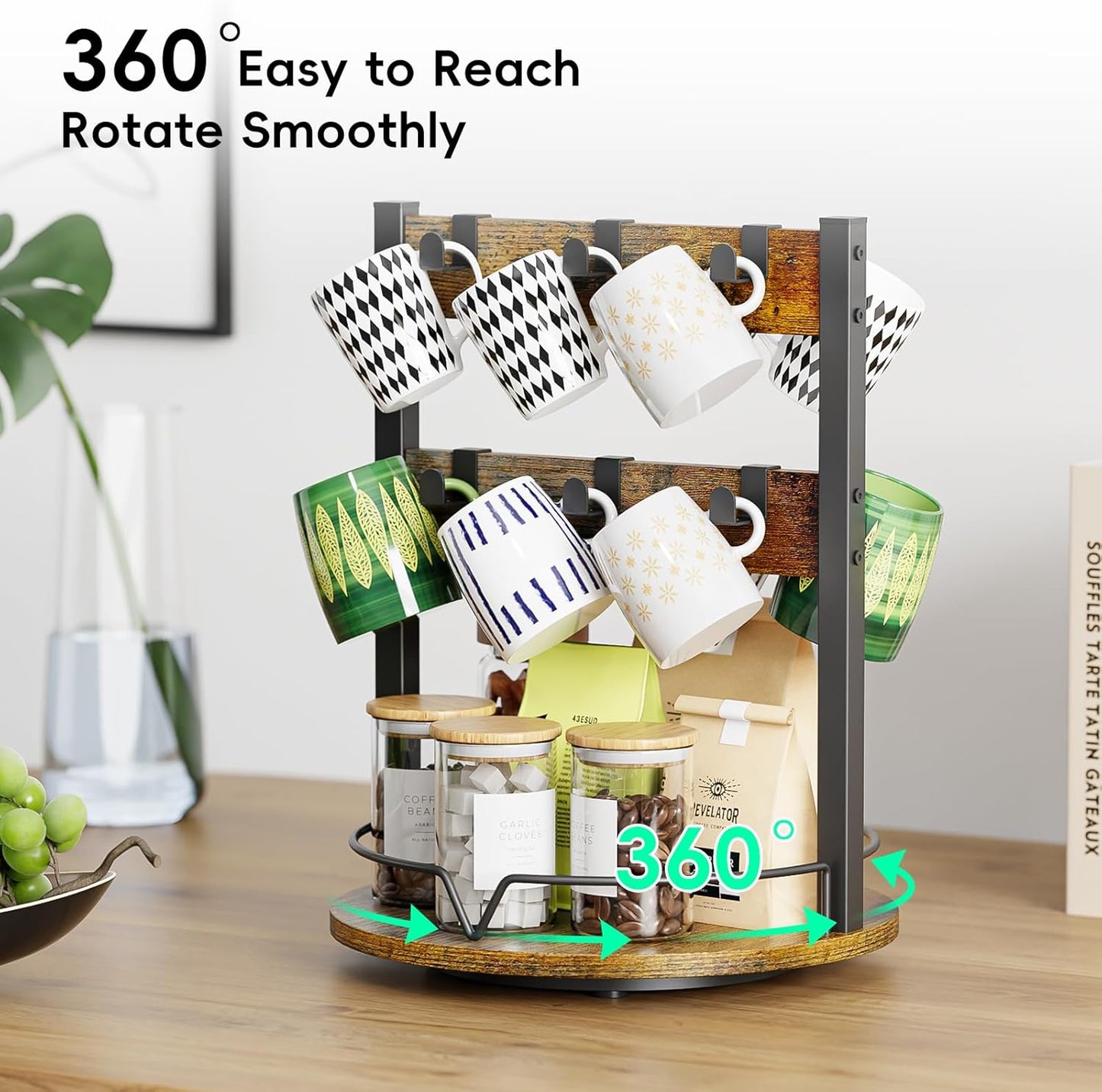 KLM Wood Coffee Mug Holder,12 Hook Mug Tree Holder Rack with Storage Base,Mug Display Organizer,Mug Holders for Home Kitchen,Support 360° rotation for easy access