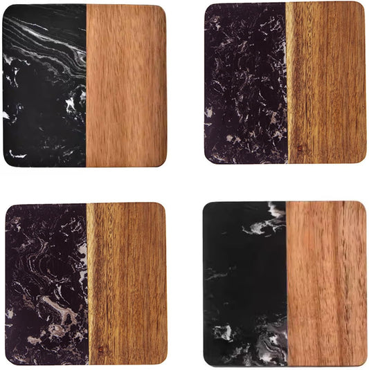 I-LAN 4 Pack 4 x 4 Inch Squre Natural Wood and Marbel Style Coasters for Drinks£¬Marble and Natural Wood Joint Mixed Modern Style Heat-Resistant Coaster Set for Home Kitchen