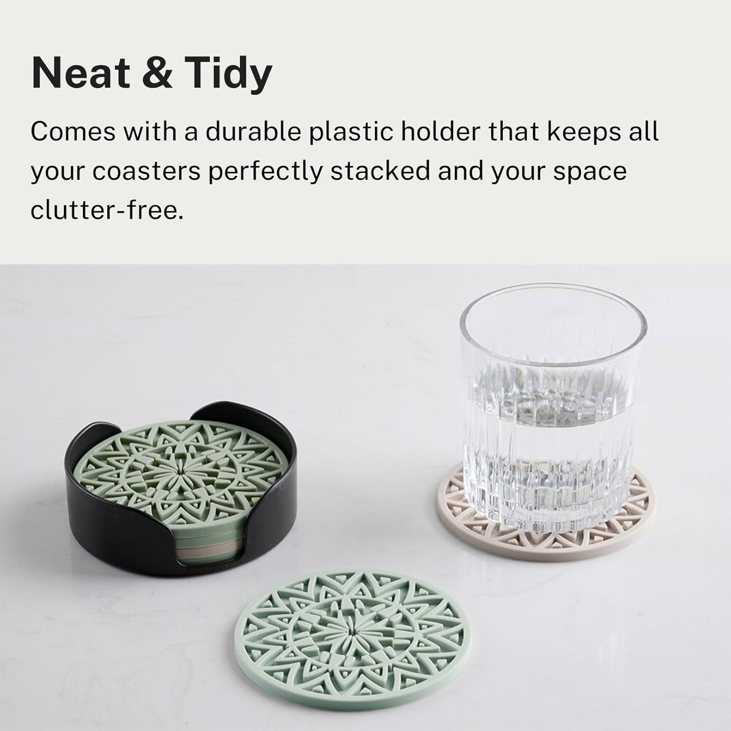 Set of 6 Black Silicone Coasters with Holder, Drink Coasters with Tribal Pattern Shape- for Table Protection, Anti Slip, Nonstick, Heat Resistant, Deep Tray