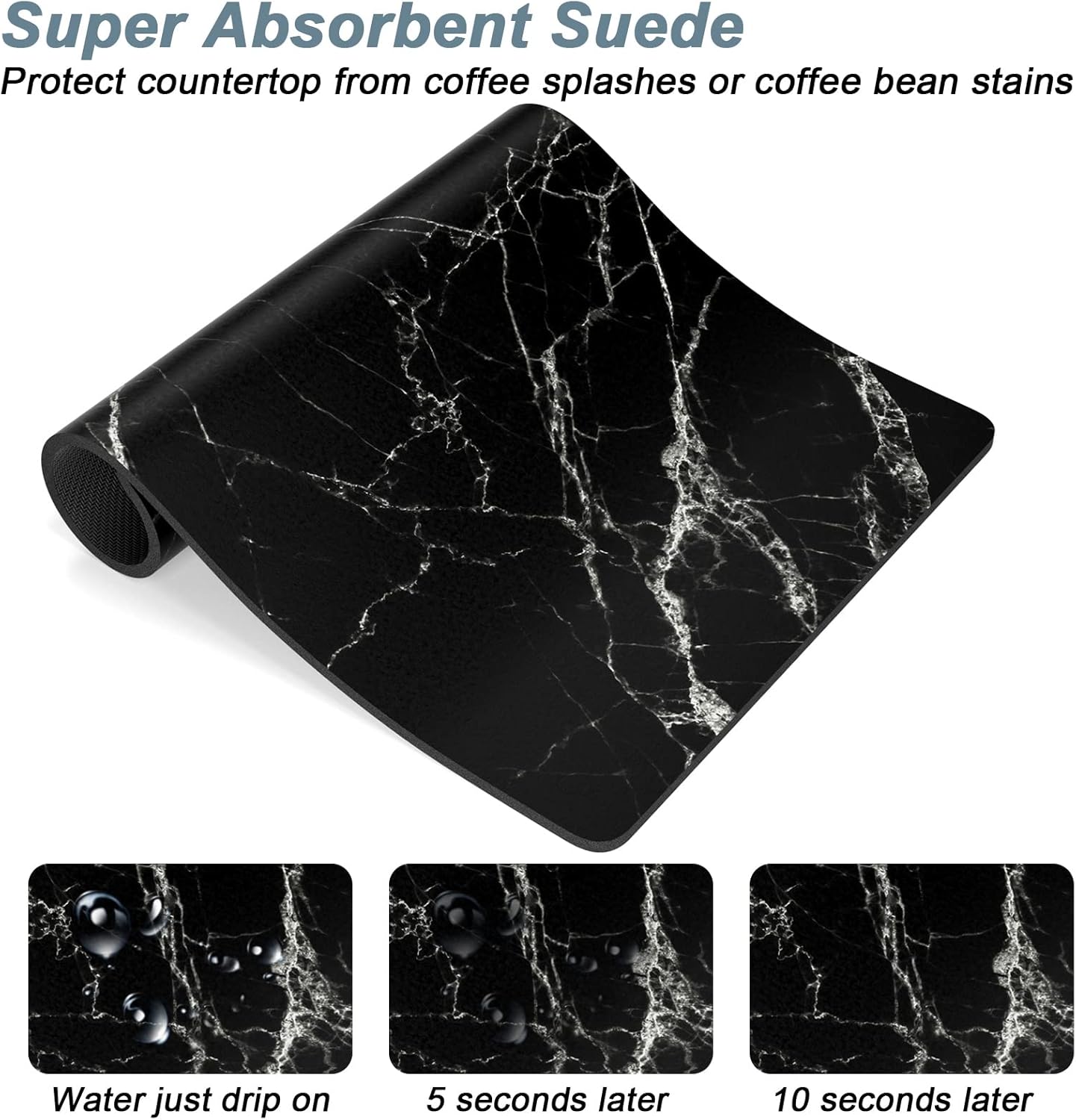 Rnivvi Coffee Mat, 12" x 19" Cute Marble Style Coffee Bar Mats for Espresso Machine Station Accessories and Organizer, Hide Stain Rubber Backed Absorbent Dish Drying Pad for Kitchen Counter, Black