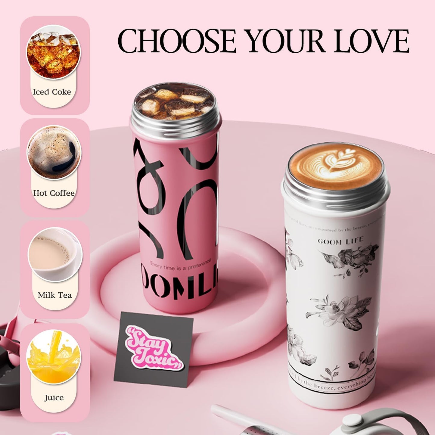 GOOM 20 oz Spill Proof Tumbler with Lid and Straw, Top Handle, Extended Tea Infuser, 6-Layer Insulation 18/10 Stainless Steel, Christmas Gifts for Mom Women Her, Teacher Gifts - Pink