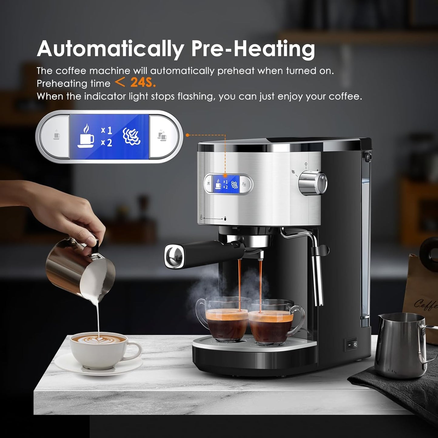COWSAR Espresso Machine 20 Bar, Compact Espresso Maker with Milk Frother Steam Wand, Expresso Coffee Machines with 45 OZ Removable Water Tank for Cappuccino, Latte, Home