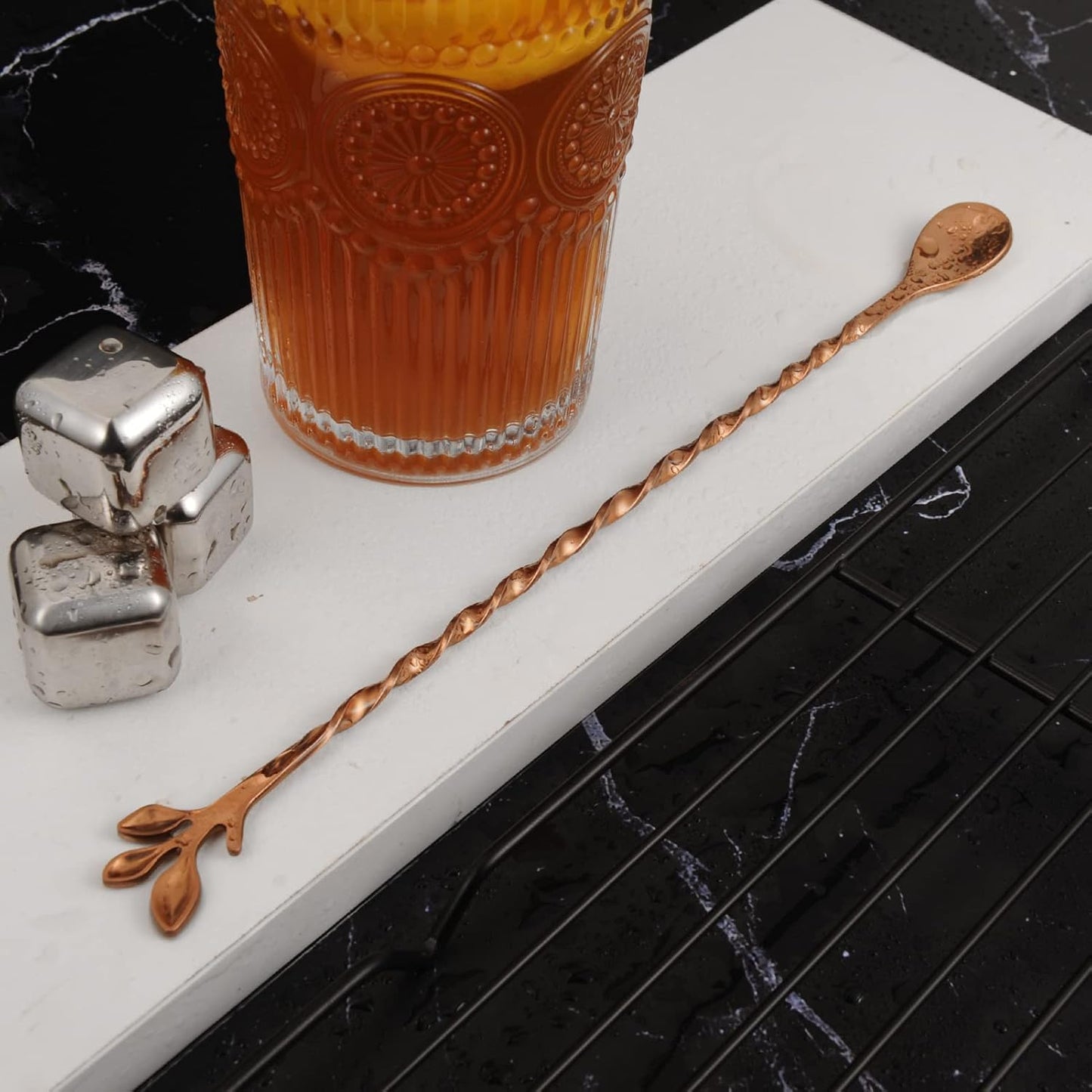 AnSaw Rose Gold 10-Inch Stainless Steel Cocktail Spoon with Leaf Handle - Perfect for Mixing & Layering Drinks in Tall Cups, Bar & Shakers - Durable Long Handle Bar Stirrer,2-Pieces