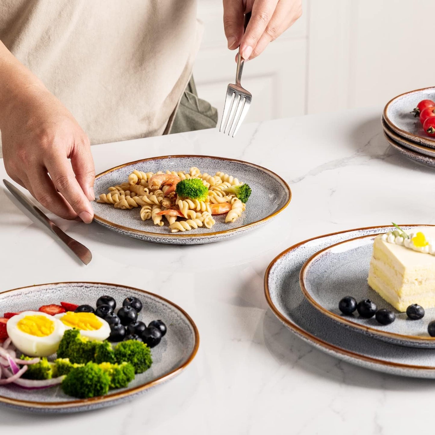 AmorArc Ceramic Dinner Plates Set of 4, 10.5 Inch Handmade Reactive Glaze Stoneware Plates, Large Rustic Shape Dinnerware Dish Set for Kitchen, Microwave & Dishwasher Safe, Scratch Resistant - Blue