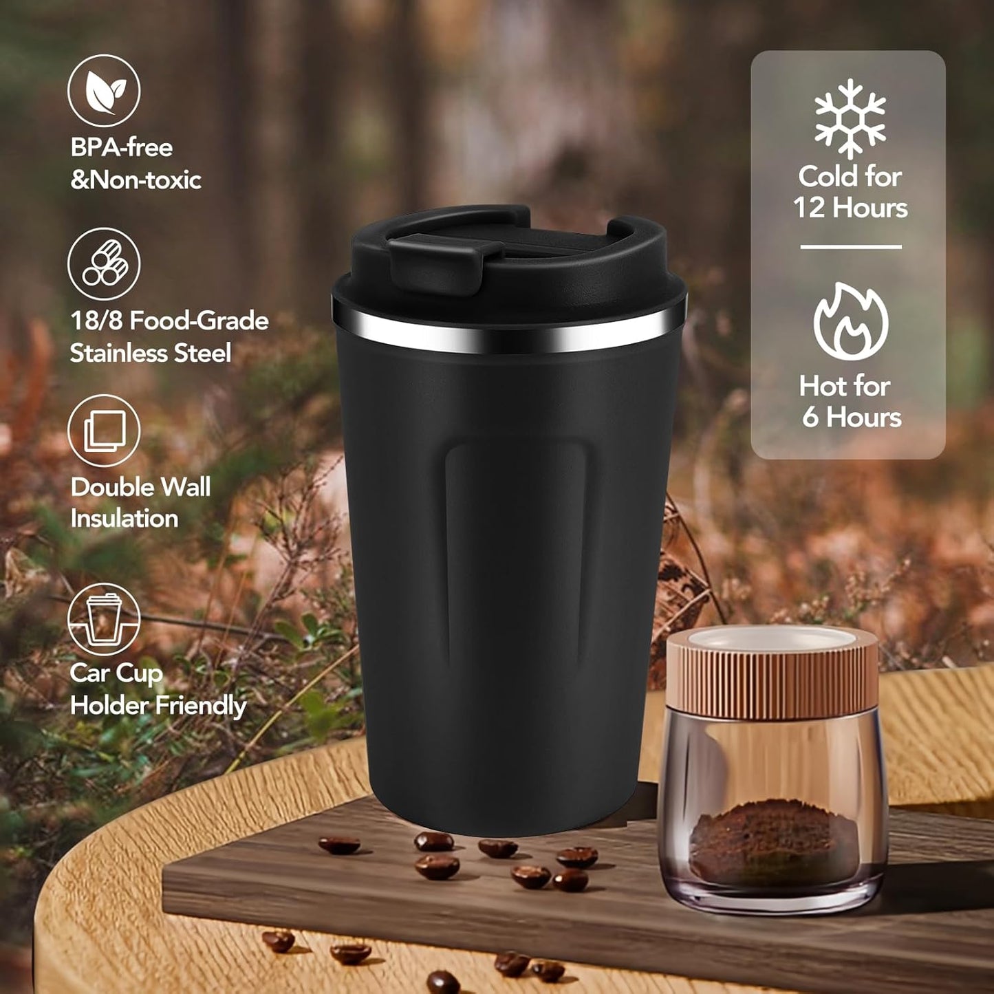 Volhoply 12 oz Double Wall Insulated Vacuum Travel Coffee Mug with Flip Lid Bulk 8 Pack,Reusable Stainless Steel Leak Proof Coffee Cup,Portable Cafe Thermal Tumblers for Hot & Cold Drinks(Black,8 Set)
