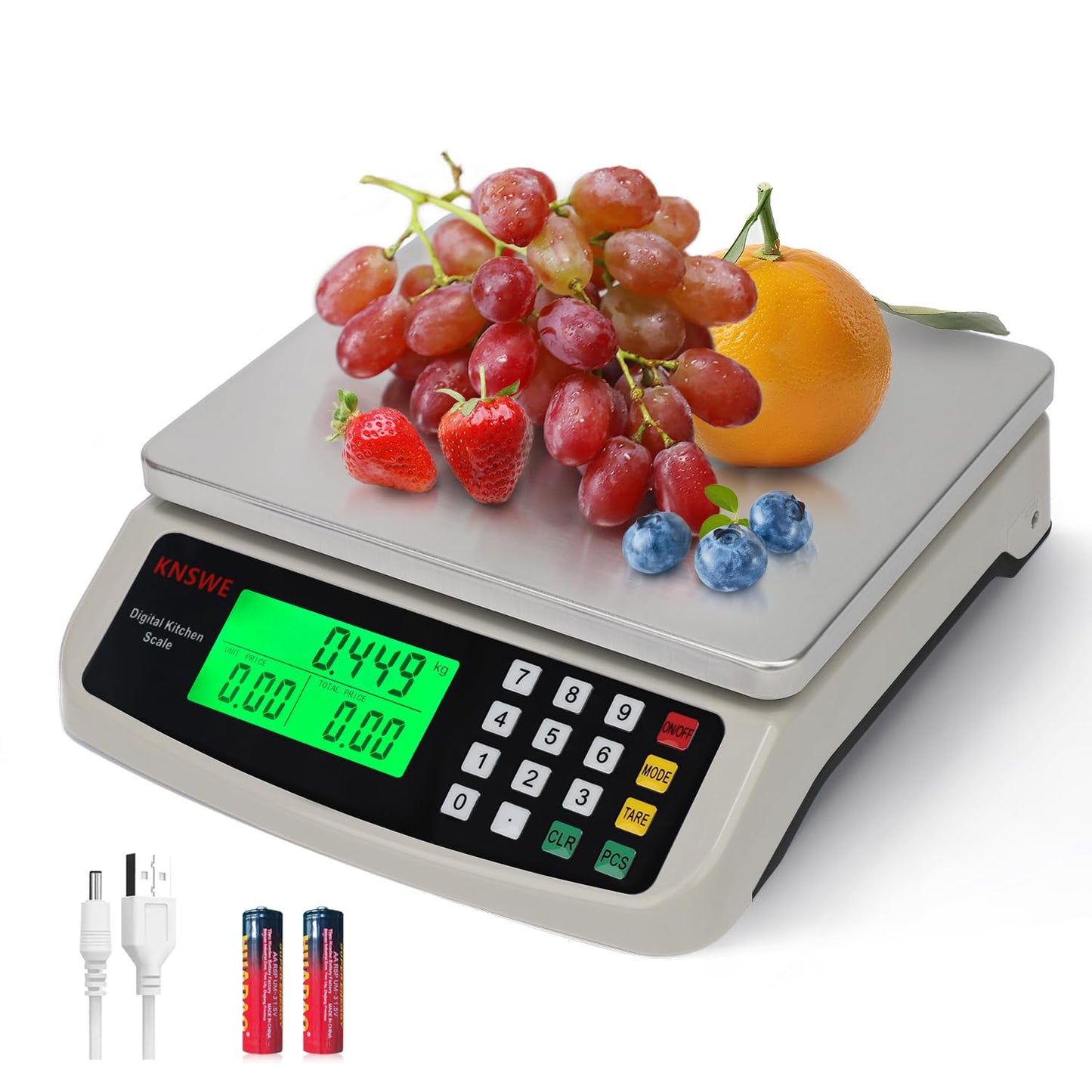 Commercial Food Scale 40KG Large Digital Kitchen Scale Baking Cooking Bread Meat Weight Price Computing Scale Stainless Steel Parts and Coins Counting Scale for Deli Stores Tare Function
