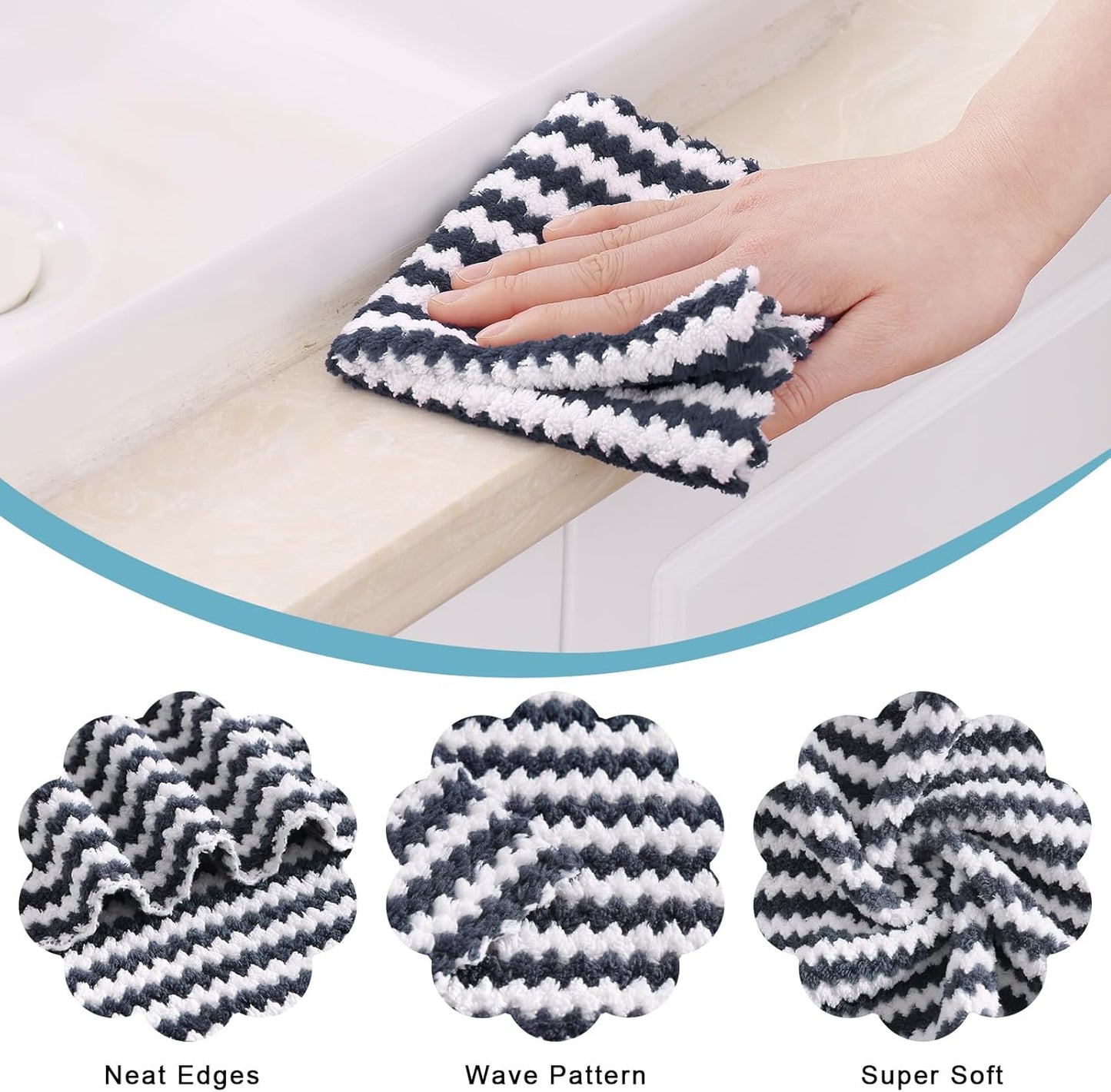 Homaxy 12 Pack Kitchen Dish Cloths, Ultra Soft and Absorbent Dish Towels, Reusable Fast Drying Microfiber Cleaning Cloth, Coral Velvet Wave Design No-lint, 10 x 10 inches, Dark Grey/Navy Blue/Beige