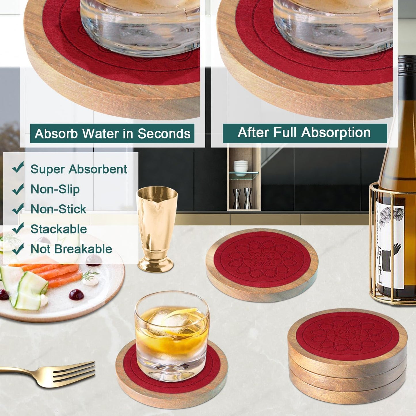 5 Pack Wood Coasters for Drinks, Minacun Absorbent Coaster Set, Drinks Coasters for Coffee Tabletop Protection, Non-Slip, Non-Stick, Suitable for Kinds of Cups Wooden Table Drink, 4.3 Inch Red