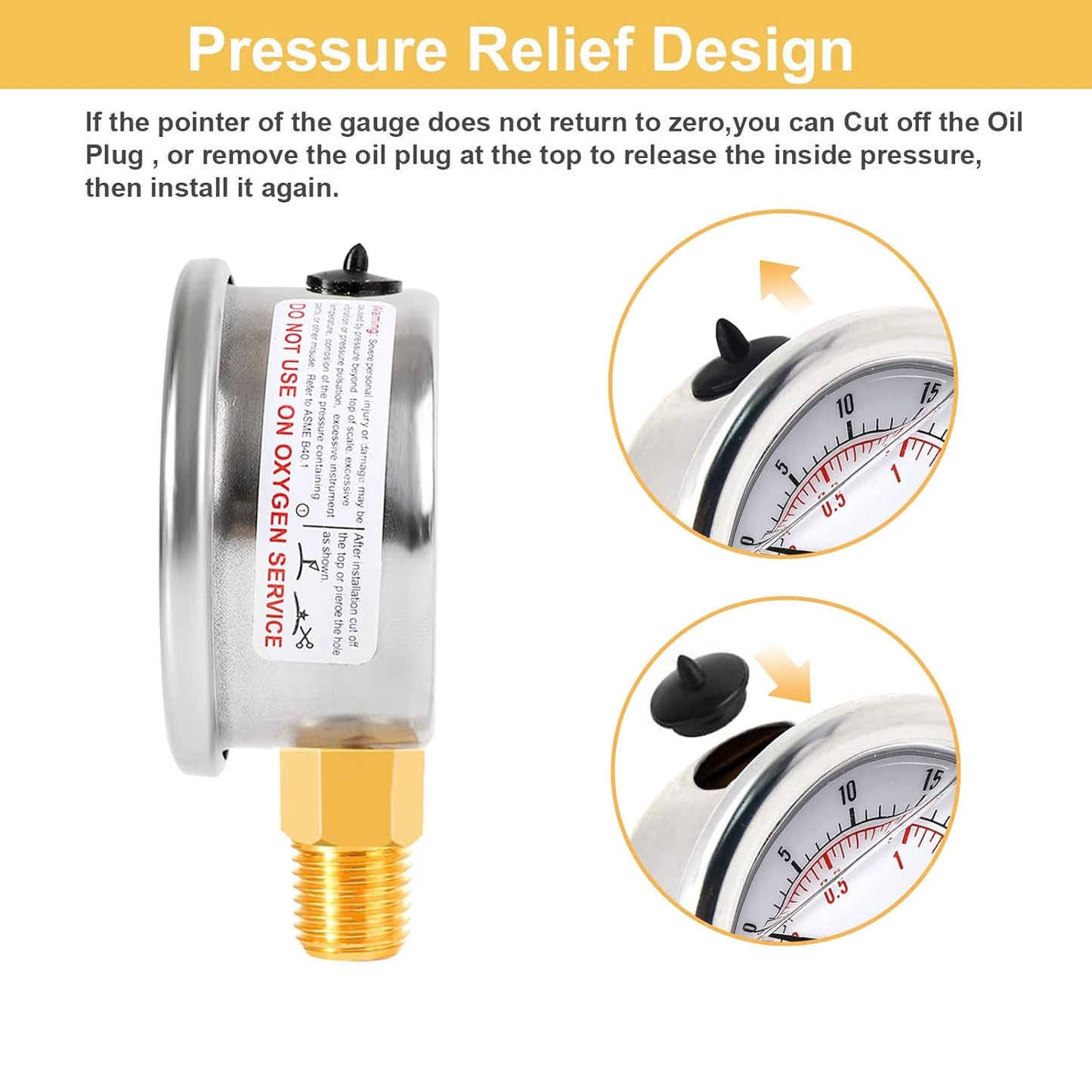 Vacuum Gauge 2-1/2" Dial Liquid Filled -30 inhg/0, Rubber Protective Case, 1/4" Brass Lower Mount, Including 1/4" to 1/8" Thread Adapter and Teflon Tape