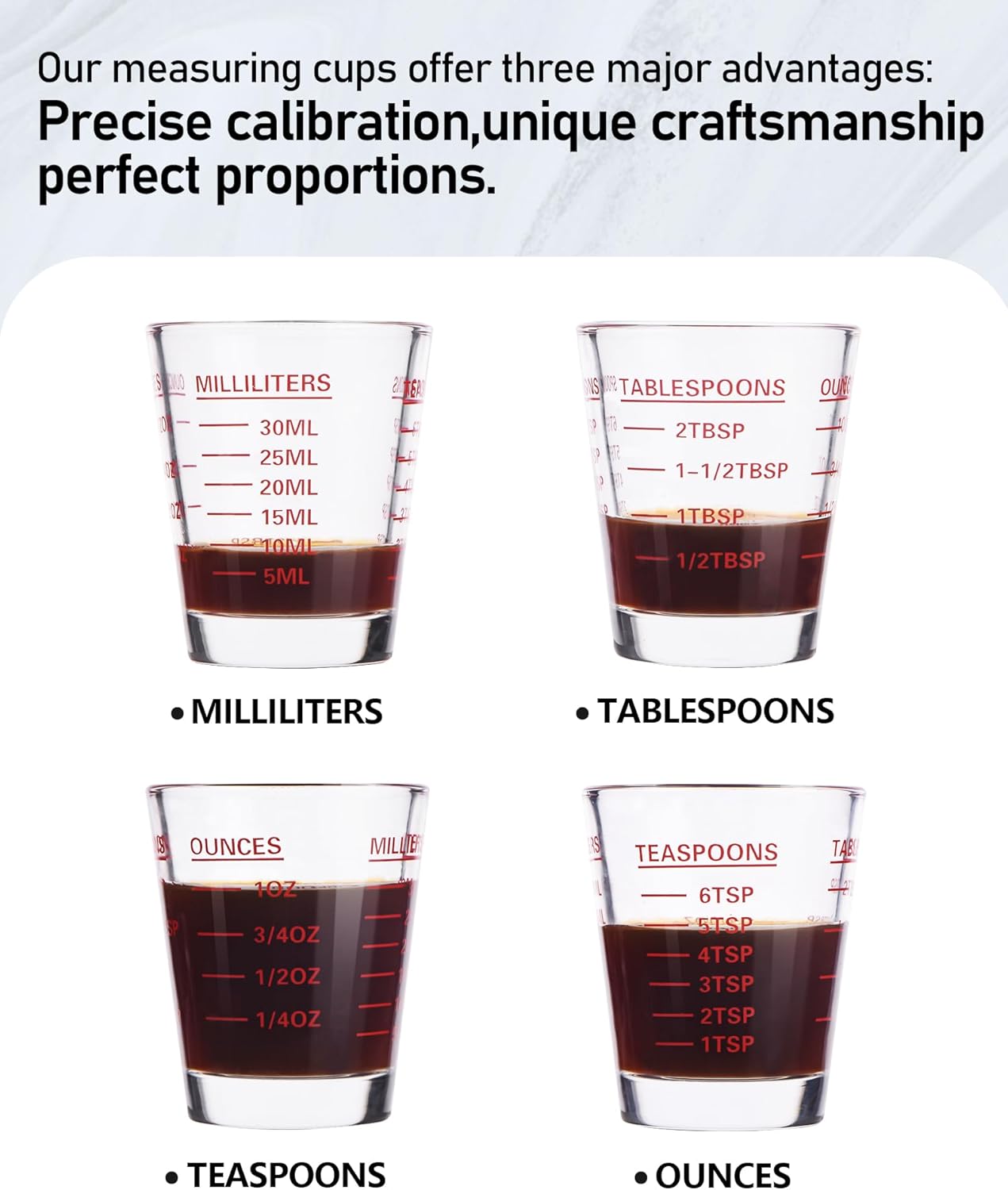 Shot Glasses Measuring Cup Set 4PACK Espresso Shot Glasses Liquid Heavy Glass 26-Incremental Measurement 1 OZ, 2 TBS, 6 TSP, 30 ML Kitchen Tools (Black)
