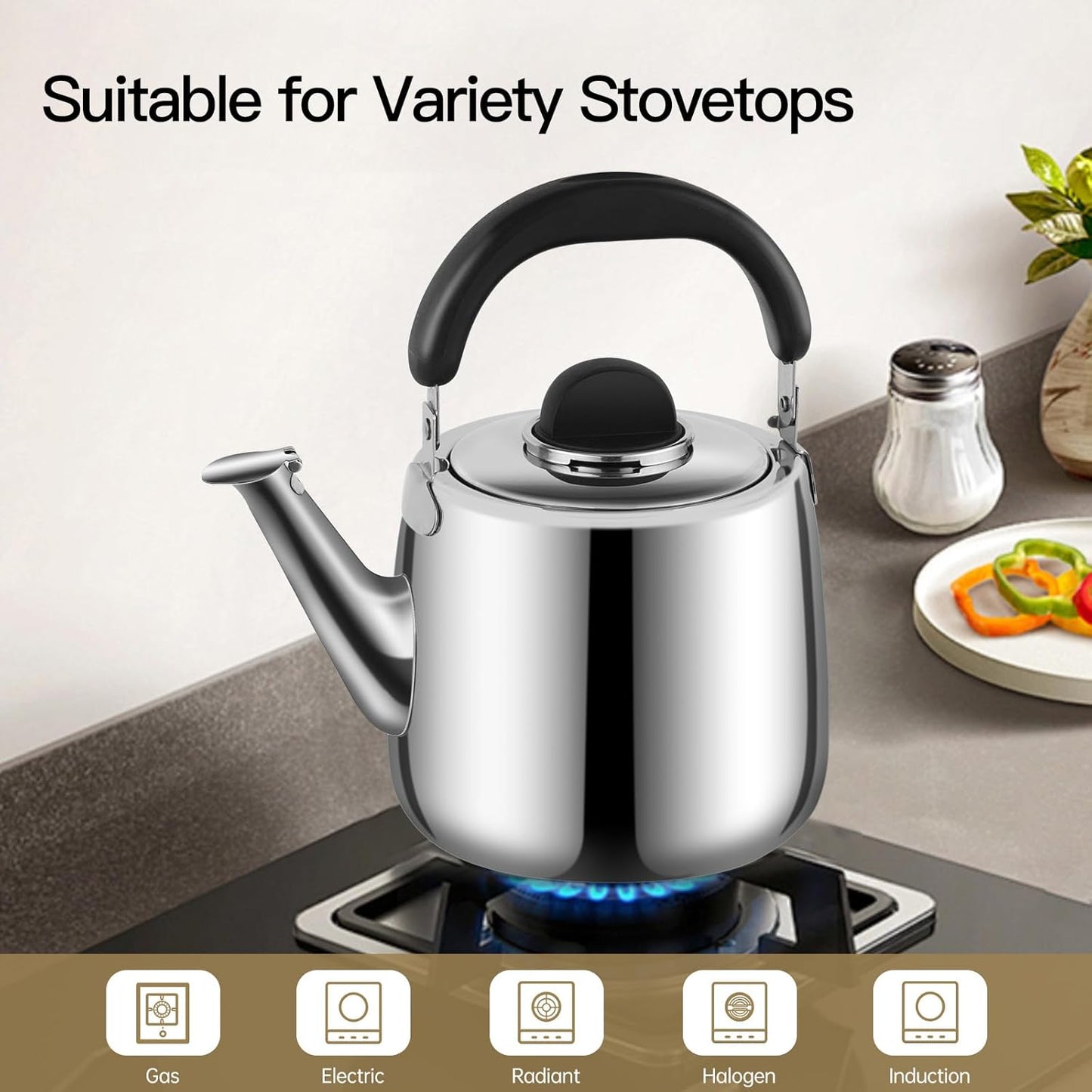 Tea Kettle,Whistling Tea kettle for Stove Top,2 QT Stainless Steel Teapot,Induction Tea Kettle Pot for Stovetop (1.9 L,Silver)