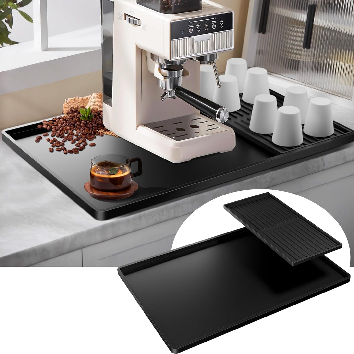 Premium Dish Drying Mat & Removable Coffee Bar Mat - 24x16 Inch Quick-Dry Silicone Mat, Heat/Waterproof Non-Slip Protector for Sink, Espresso Machine, Dishwasher Safe & Cabinets (Black)