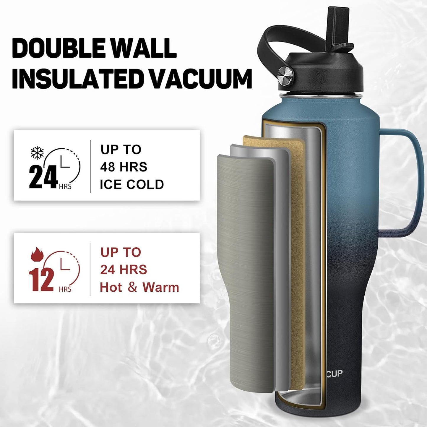 Water Bottle 40oz, Insulated Tumblers with Handle & Straw Lid, Insulated Water Bottle Fits in Cup Holder, Double Wall BPA-Free, Stainless Steel Travel Cup Leak-proof to Keep Cold 24H&Hot12H